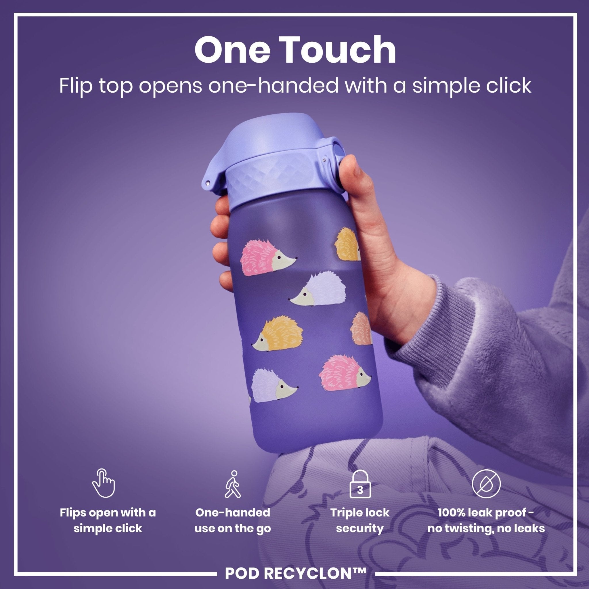ION8 Recyclon leak-proof kids' water bottle with hedgehog design, 350ml (12oz), lightweight and reusable for children