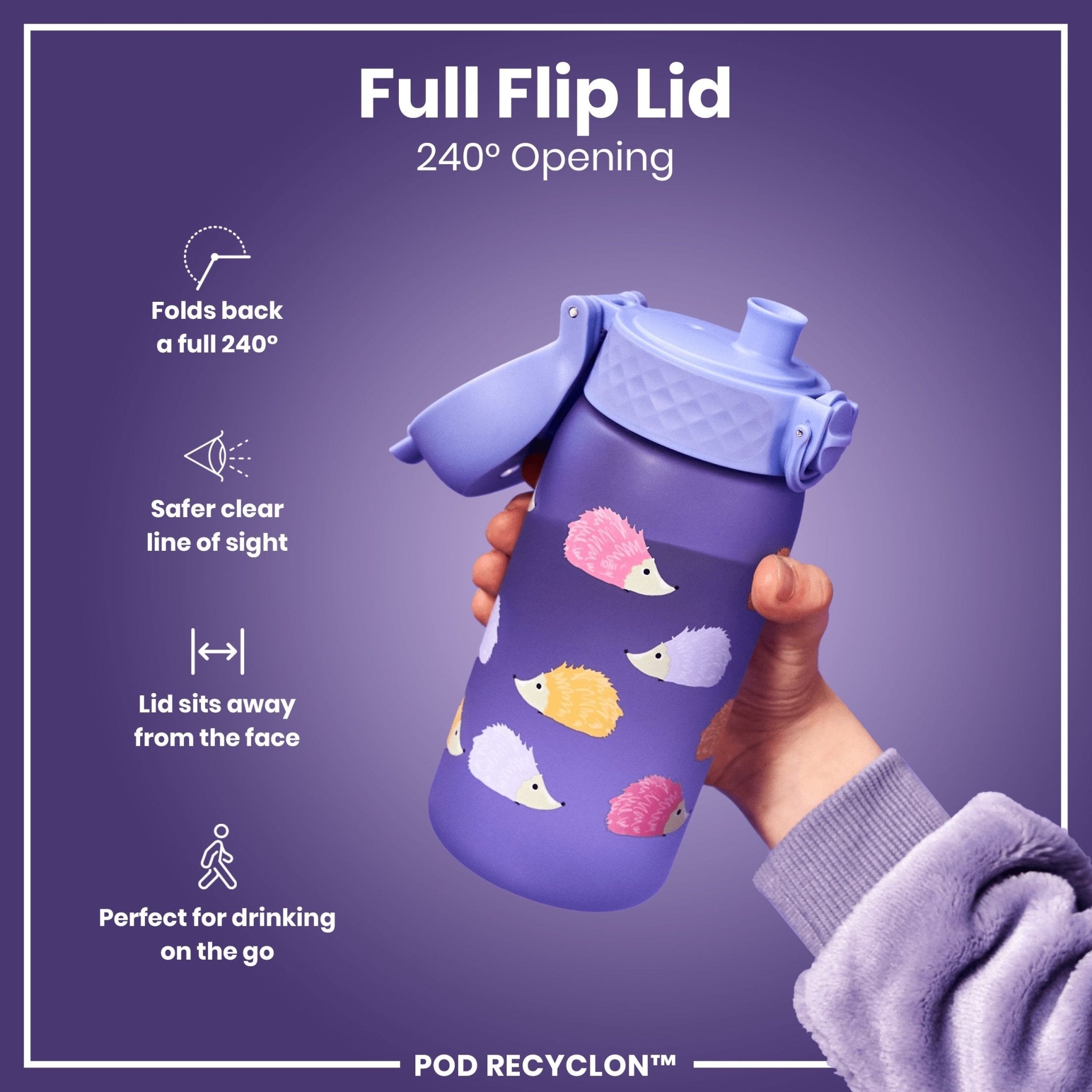 Ion8 Leak Proof Kids' Water Bottle with Hedgehogs design, 350ml recyclable Recyclon water bottle for children.