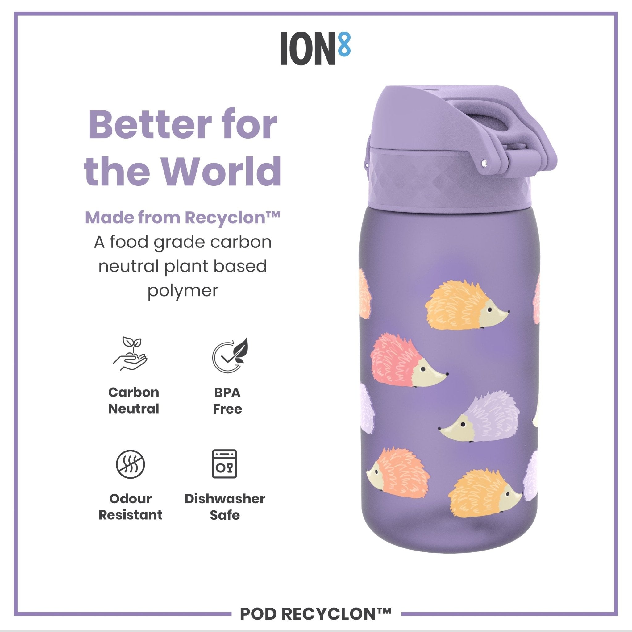 Ion8 Leak Proof Kids' Water Bottle with Hedgehogs design, 350ml Recyclon water bottle, durable and eco-friendly for children
