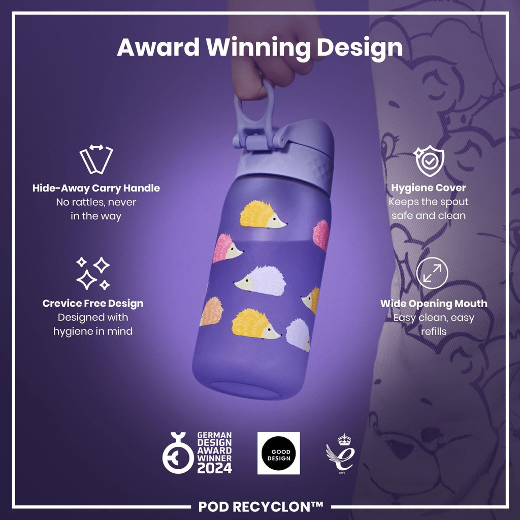 ION8 Recyclon leak-proof kids' water bottle with hedgehog design, 350ml capacity, made from recyclable materials.