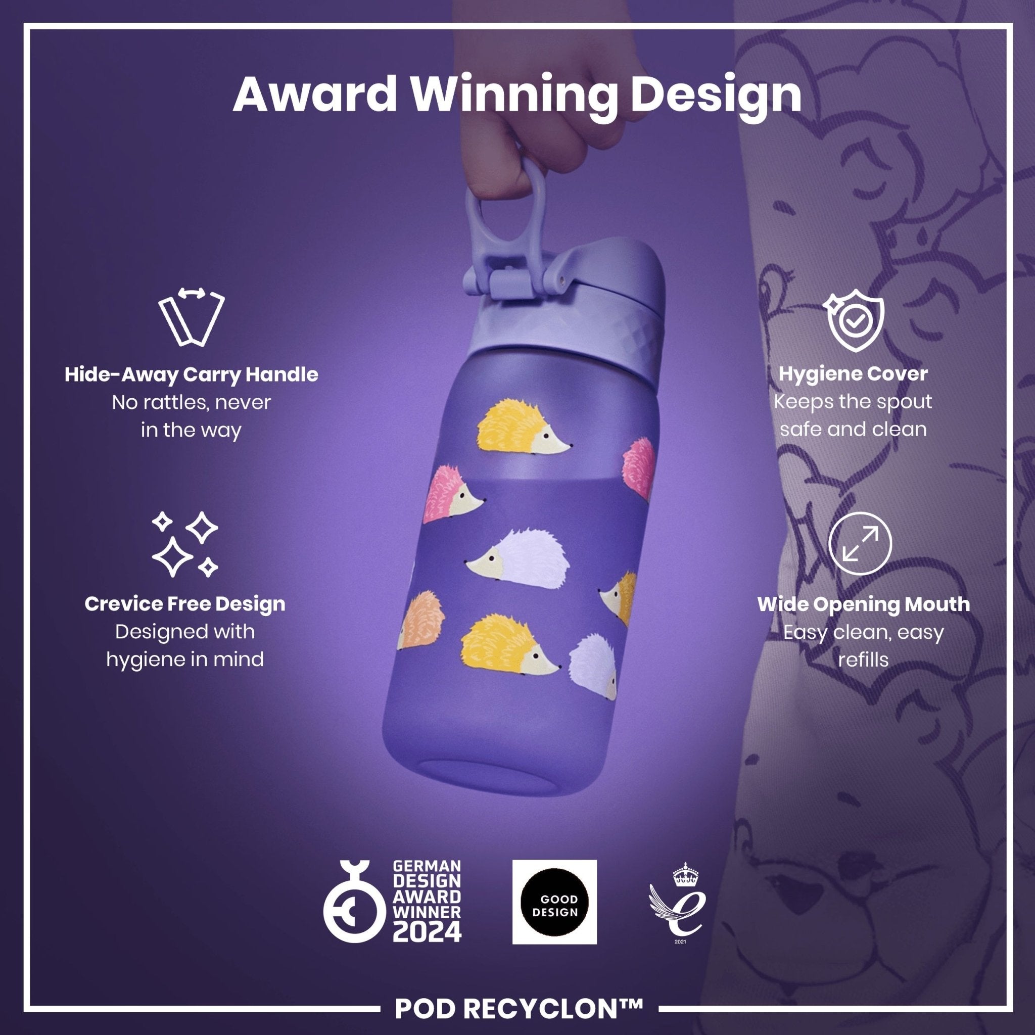 ION8 Recyclon leak-proof kids' water bottle with hedgehog design, 350ml capacity, made from recyclable materials.