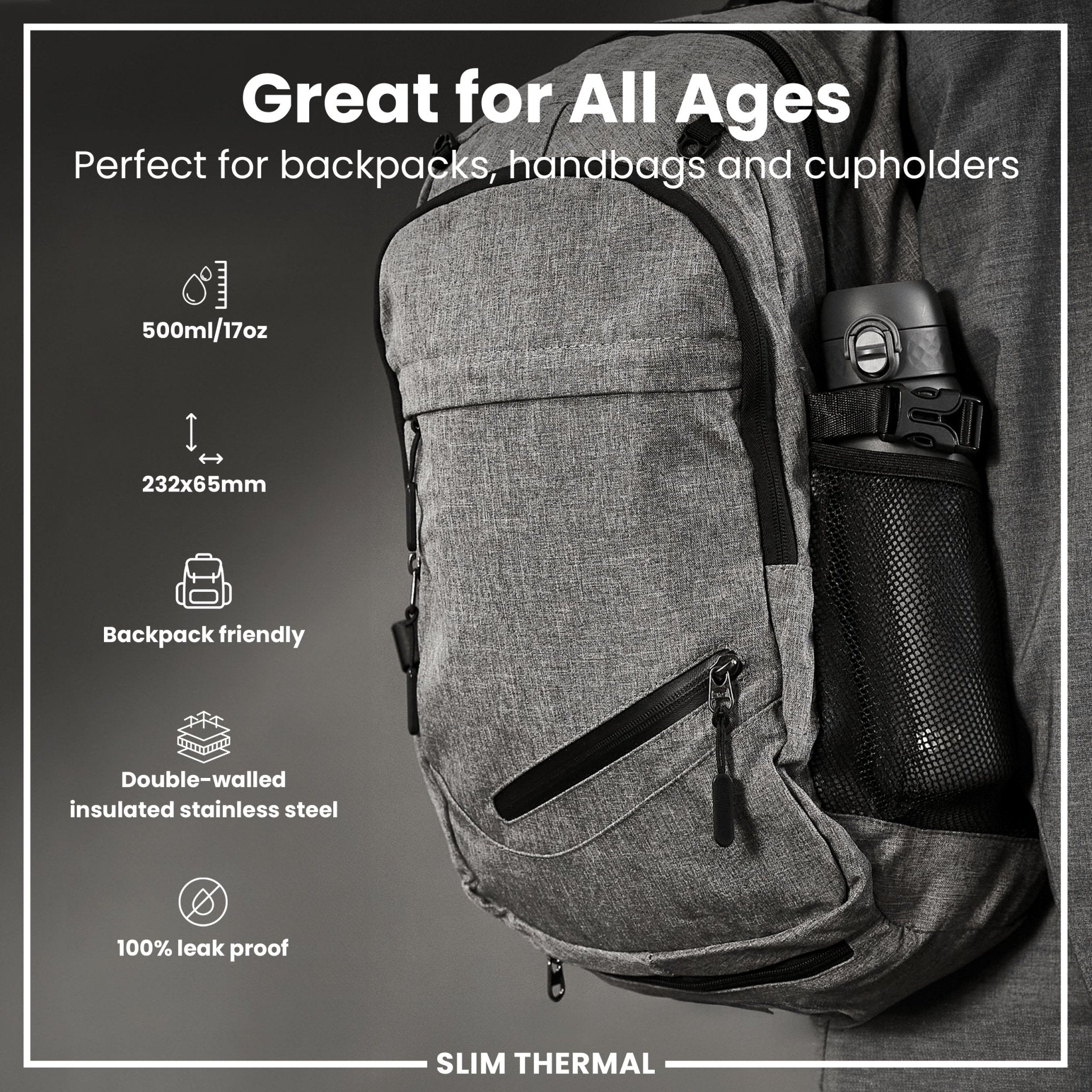 Grey ION8 leak-proof slim thermal steel water bottle, 500ml insulated water bottle shown with a sleek design and secure lid.