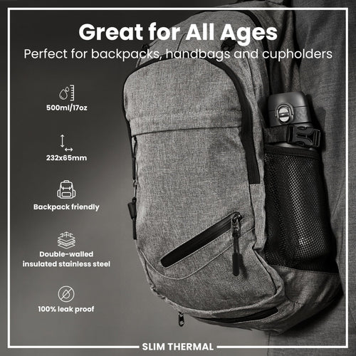 Grey ION8 leak-proof slim thermal steel water bottle, 500ml insulated water bottle shown with a sleek design and secure lid.
