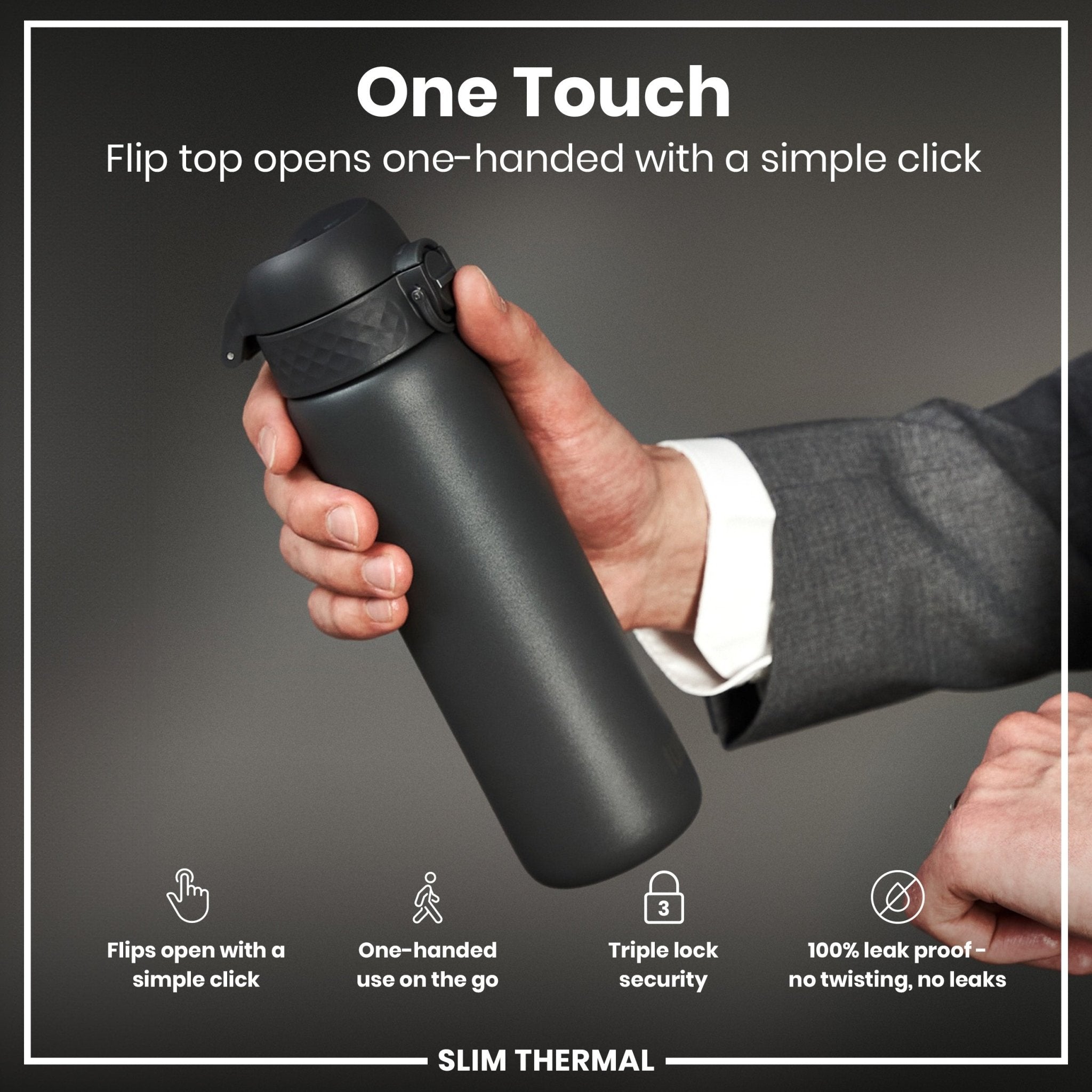 Ion8 leak-proof slim thermal steel water bottle in grey with 500ml capacity, insulated design, and secure lid.