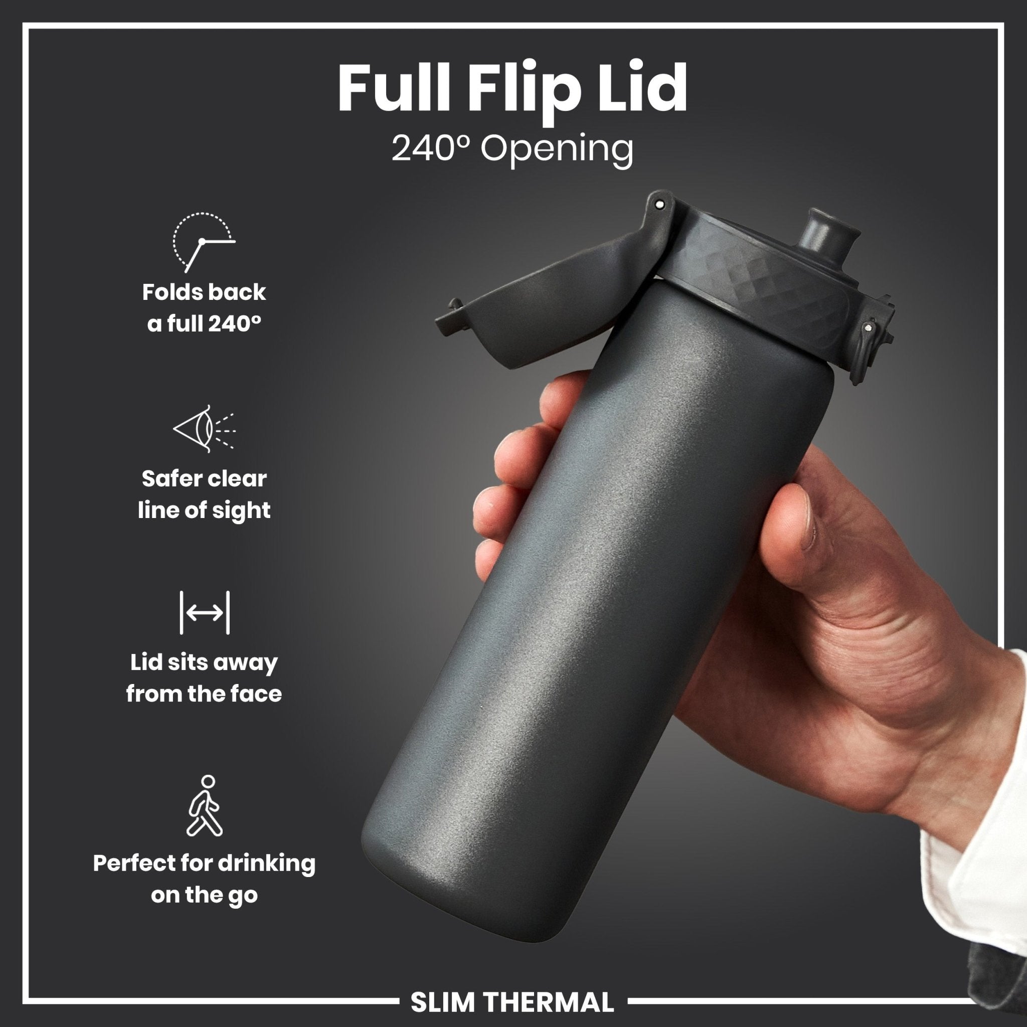 Gray ION8 leak-proof slim thermal steel water bottle, 500ml insulated bottle with a sleek design and secure lid.