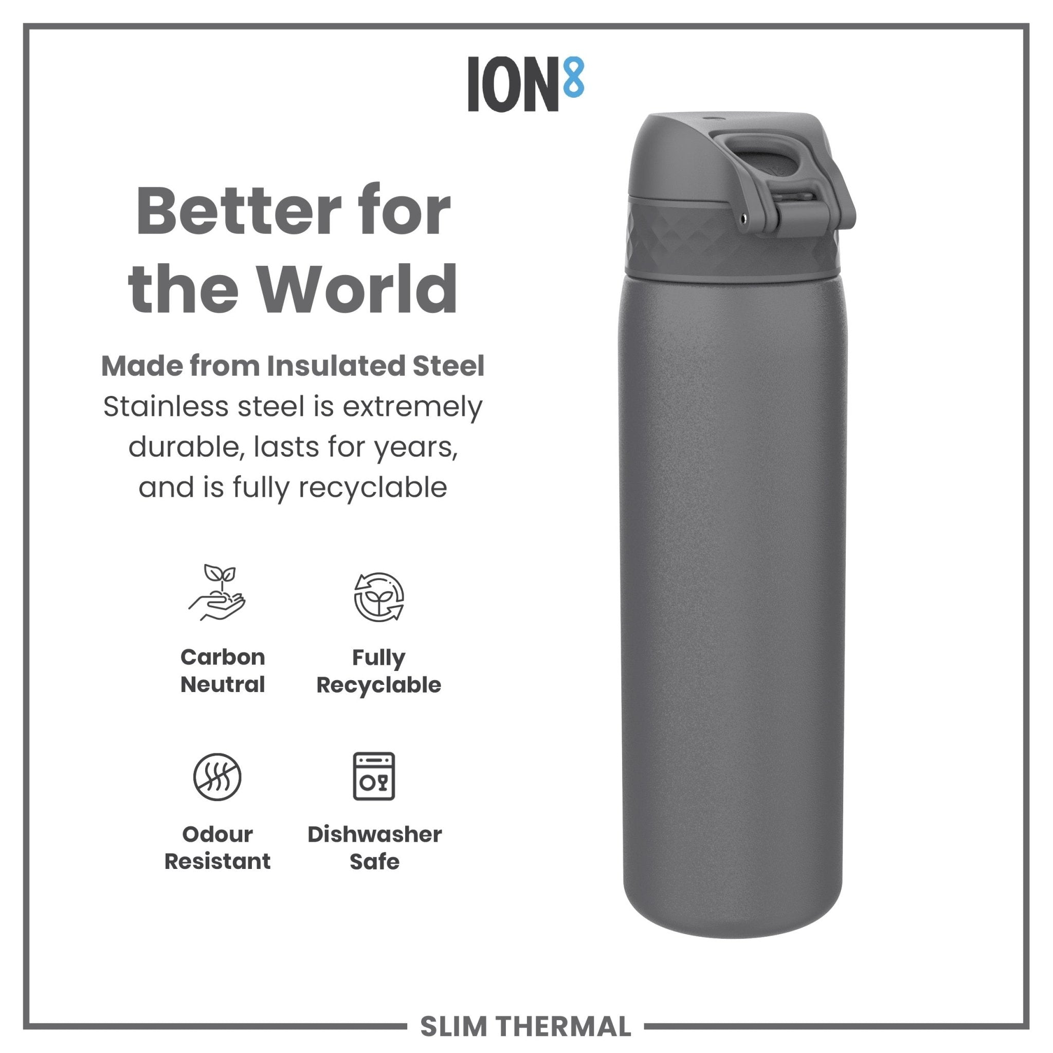 Ion8 leak-proof slim thermal steel water bottle in grey, 500ml, insulated with a sleek design and a durable stainless steel body.