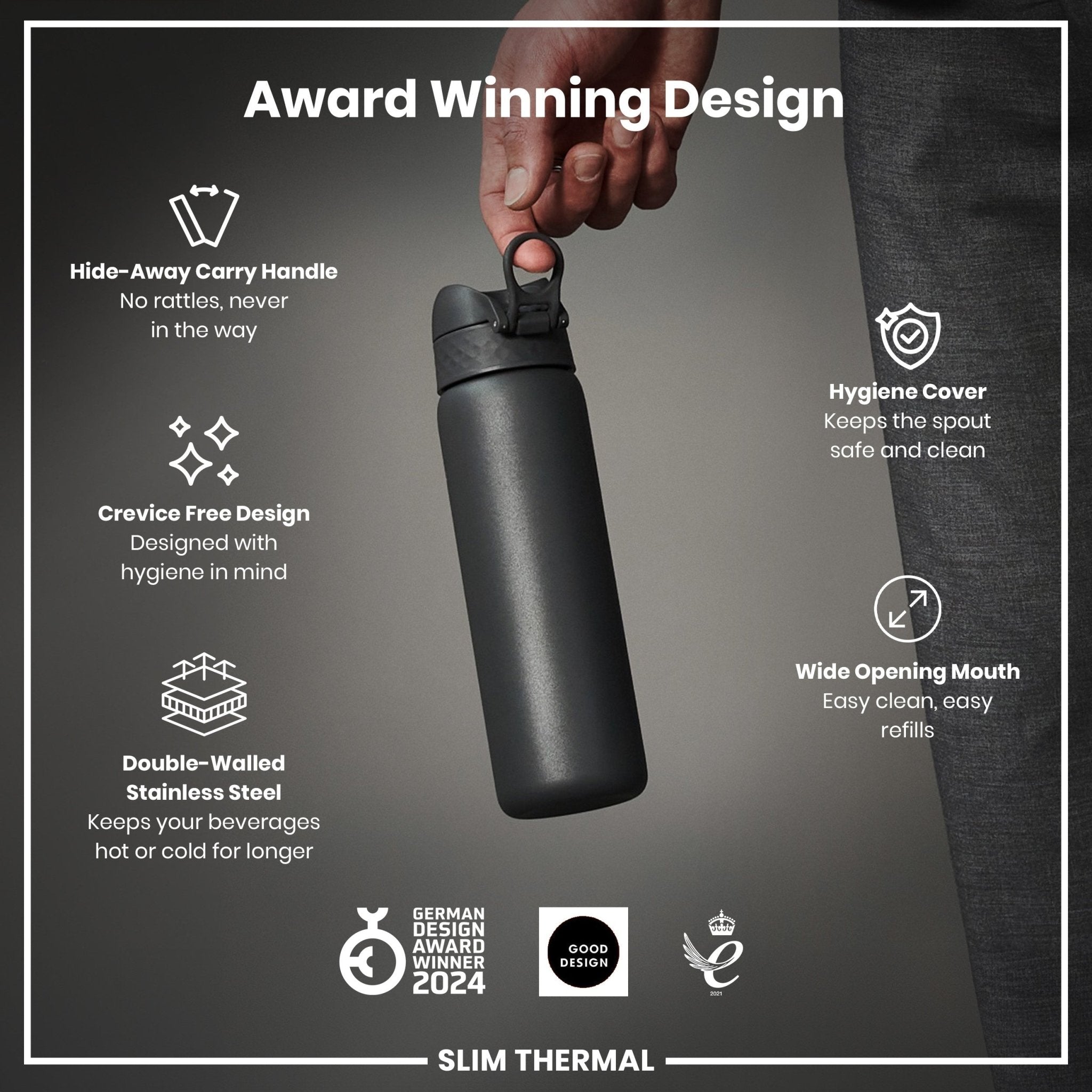 Gray ION8 leak-proof slim thermal steel water bottle, 500ml insulated bottle with a sleek design and secure lid.