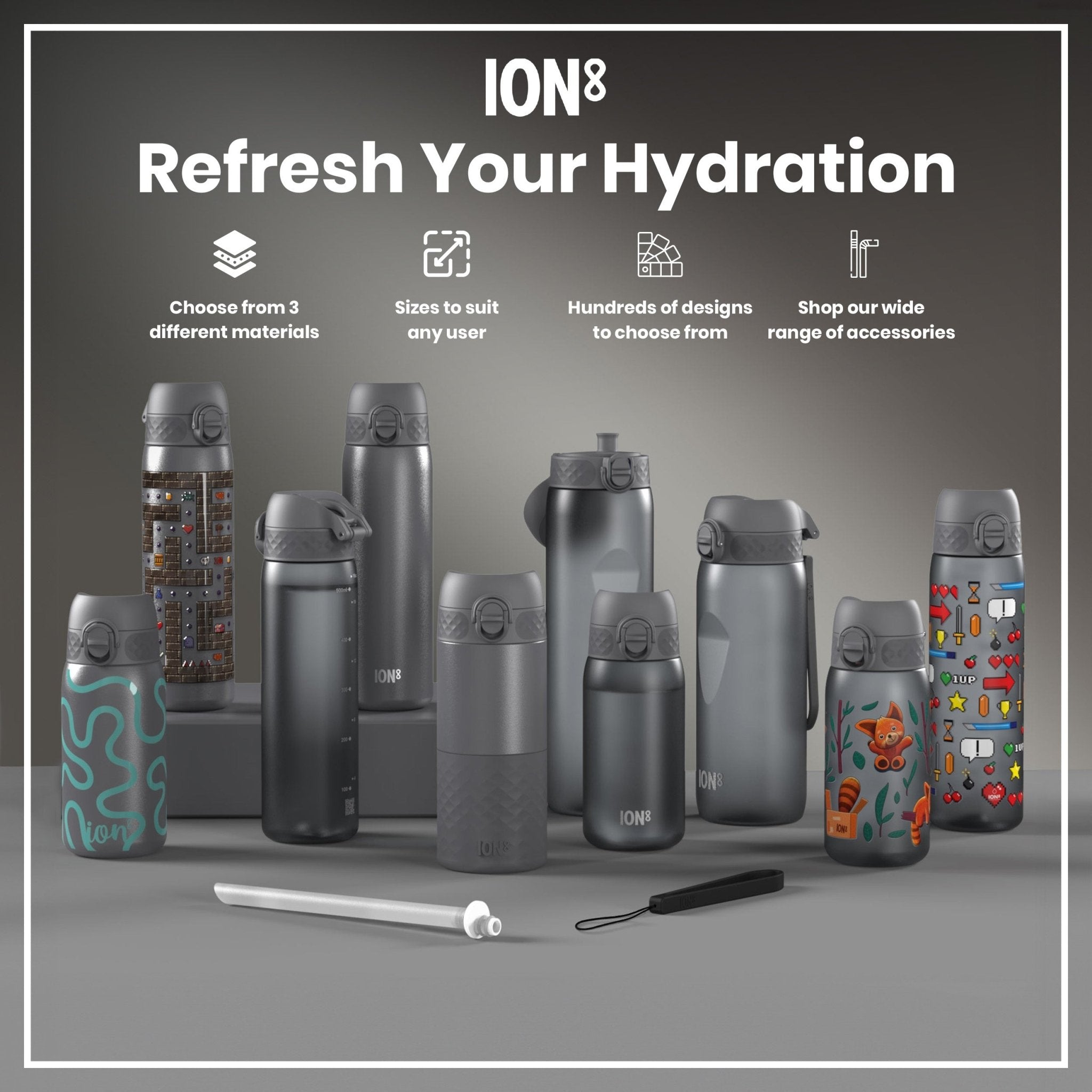 Grey ION8 leak-proof slim thermal steel water bottle with 500ml capacity, insulated design, shown from a side view.