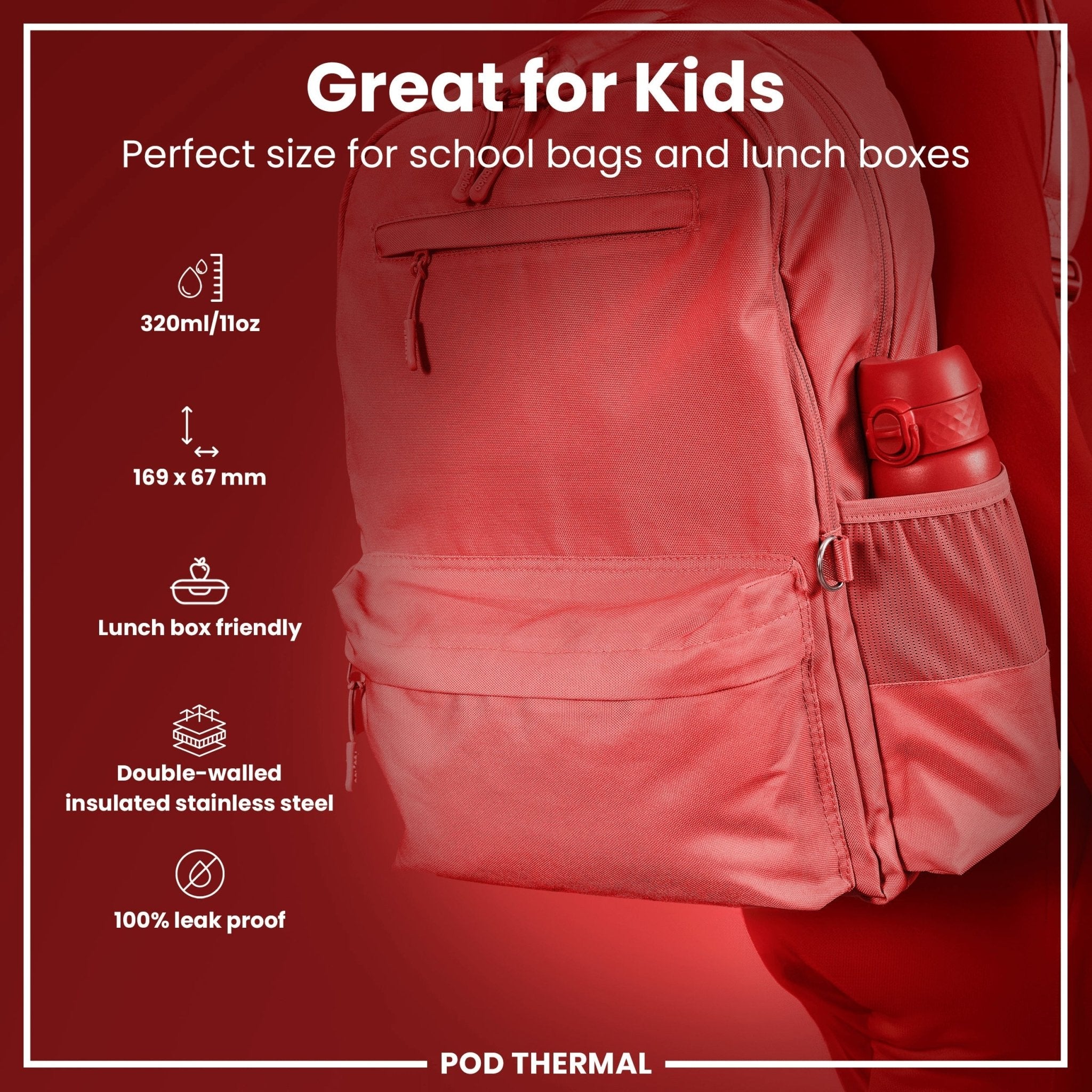 Red ION8 leak-proof insulated steel water bottle with 320ml capacity, showing its sleek design and secure lid.
