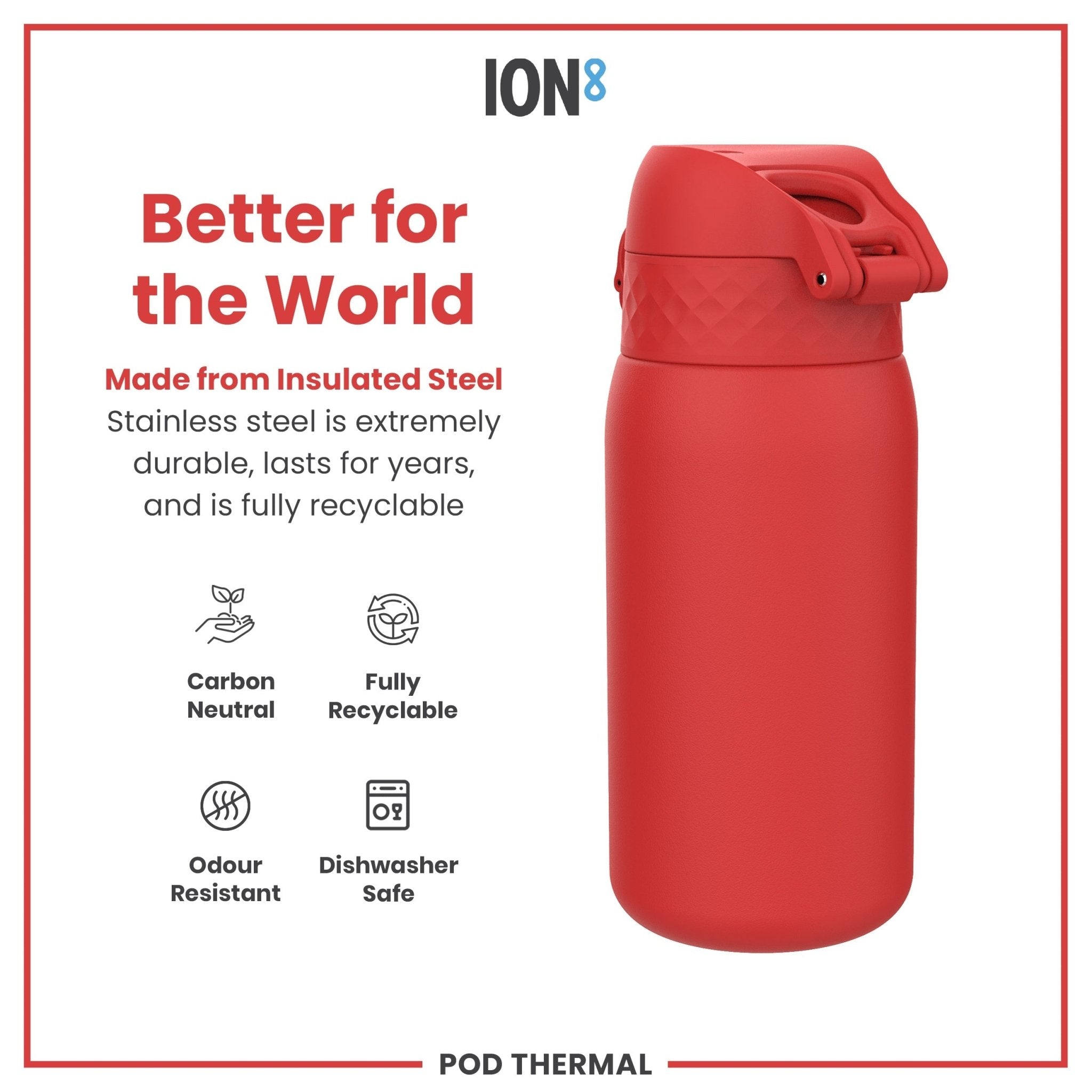Red ION8 insulated steel water bottle with leak-proof design, 320ml capacity, perfect for keeping drinks hot or cold.