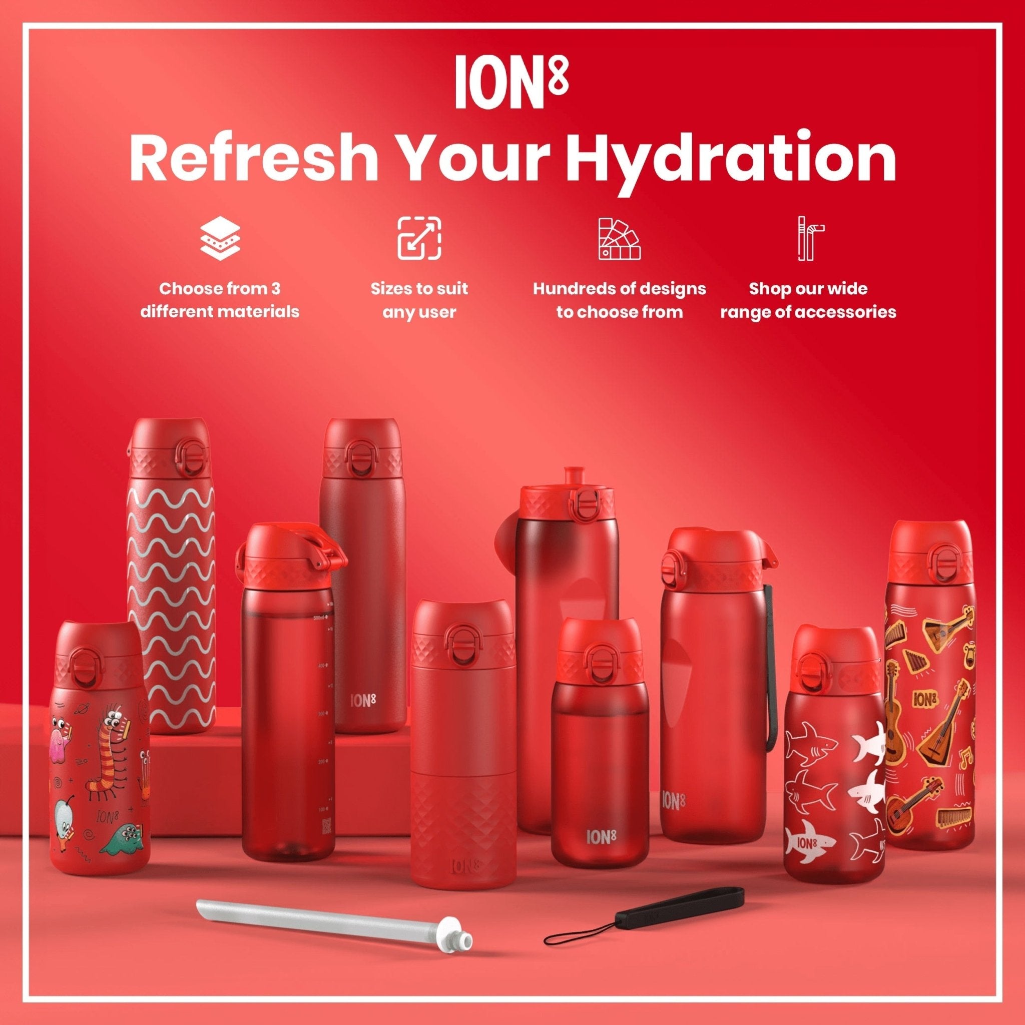 Red ION8 insulated steel water bottle with leak-proof lid, 320ml capacity, designed for thermal insulation and leak-proof use.