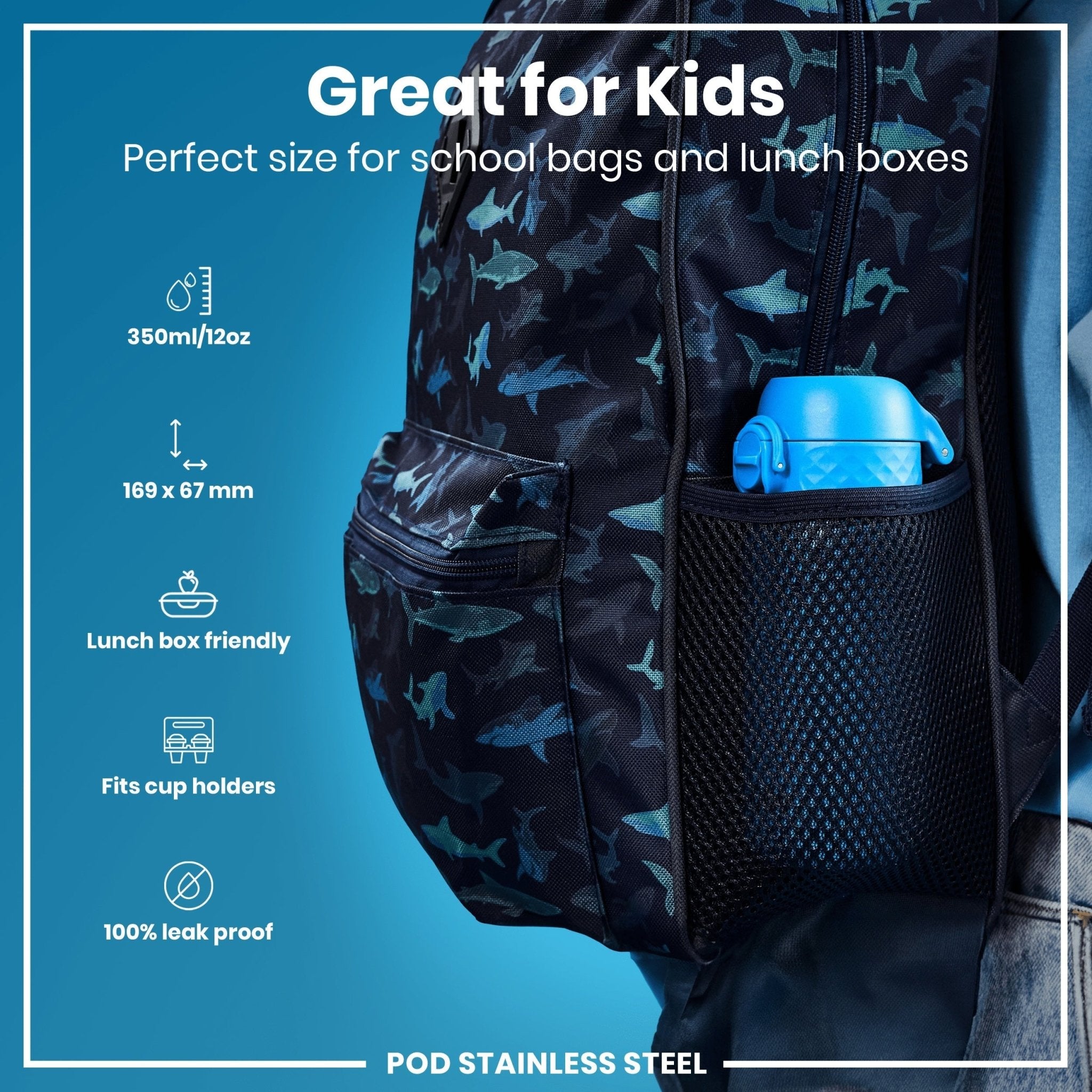 Blue ION8 stainless steel leak-proof water bottle with 400ml capacity, featuring a sleek design and secure lid.
