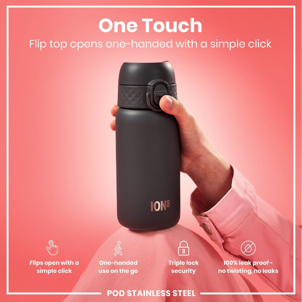 Ion8 stainless steel leak-proof water bottle in grey, 400ml (13oz), with a sleek design and secure lid for on-the-go hydration.