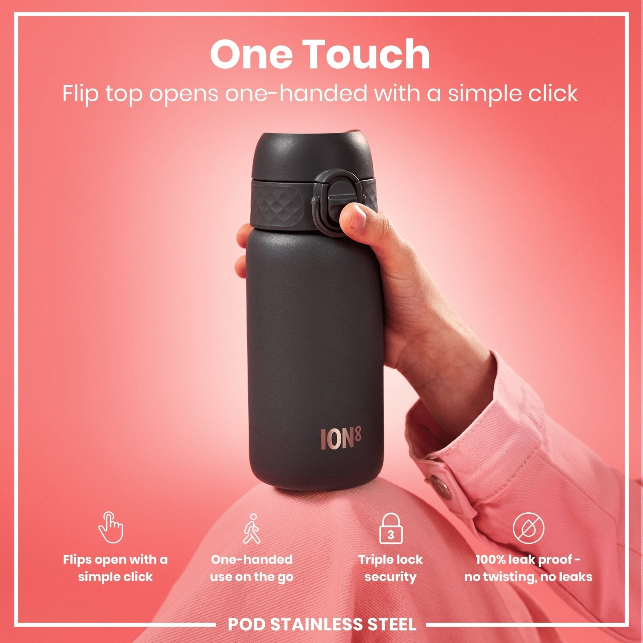 Ion8 stainless steel leak-proof water bottle in grey, 400ml (13oz), with a sleek design and secure lid for on-the-go hydration.