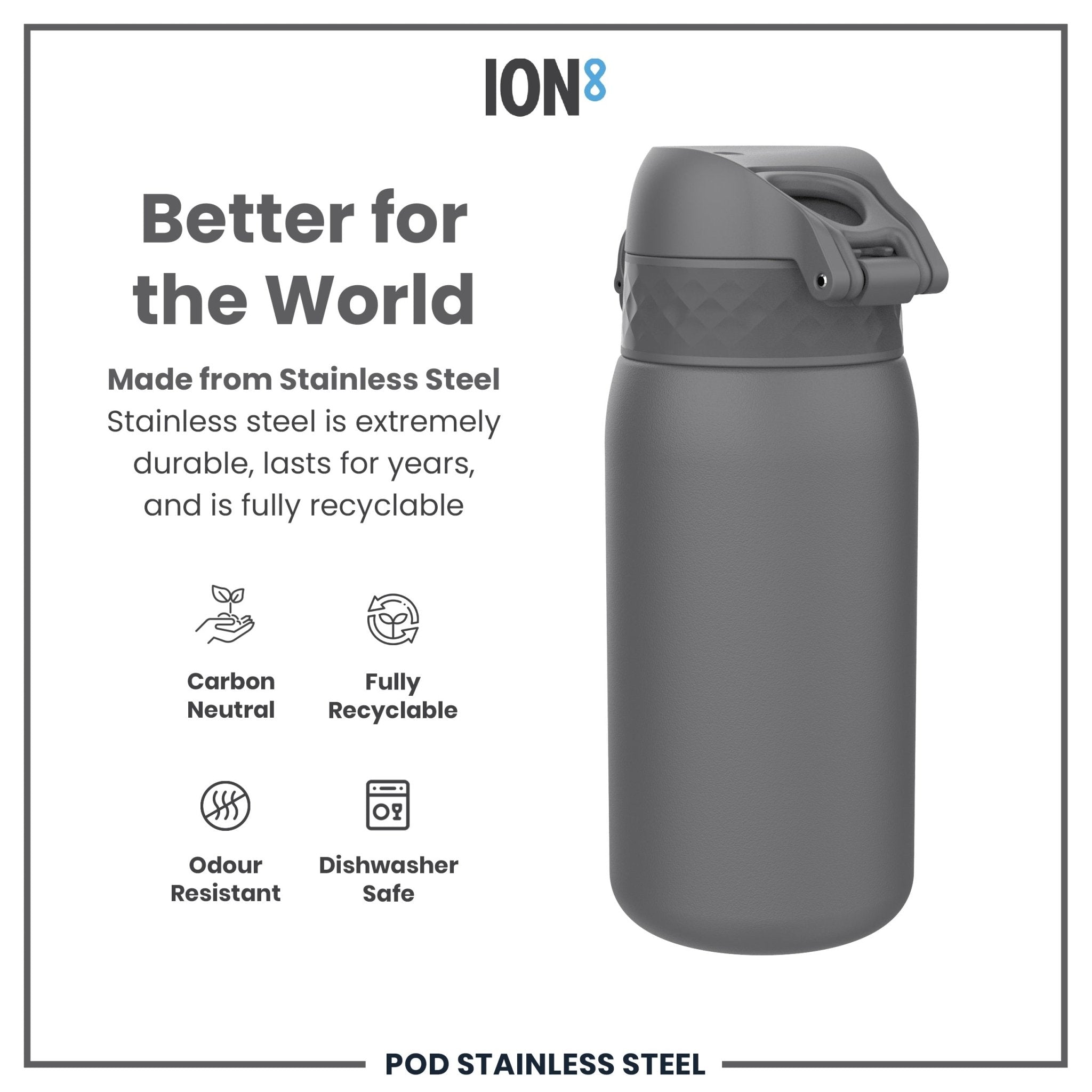 Grey stainless steel ION8 leak-proof water bottle, 400ml (13oz), with a secure lid and sleek design.