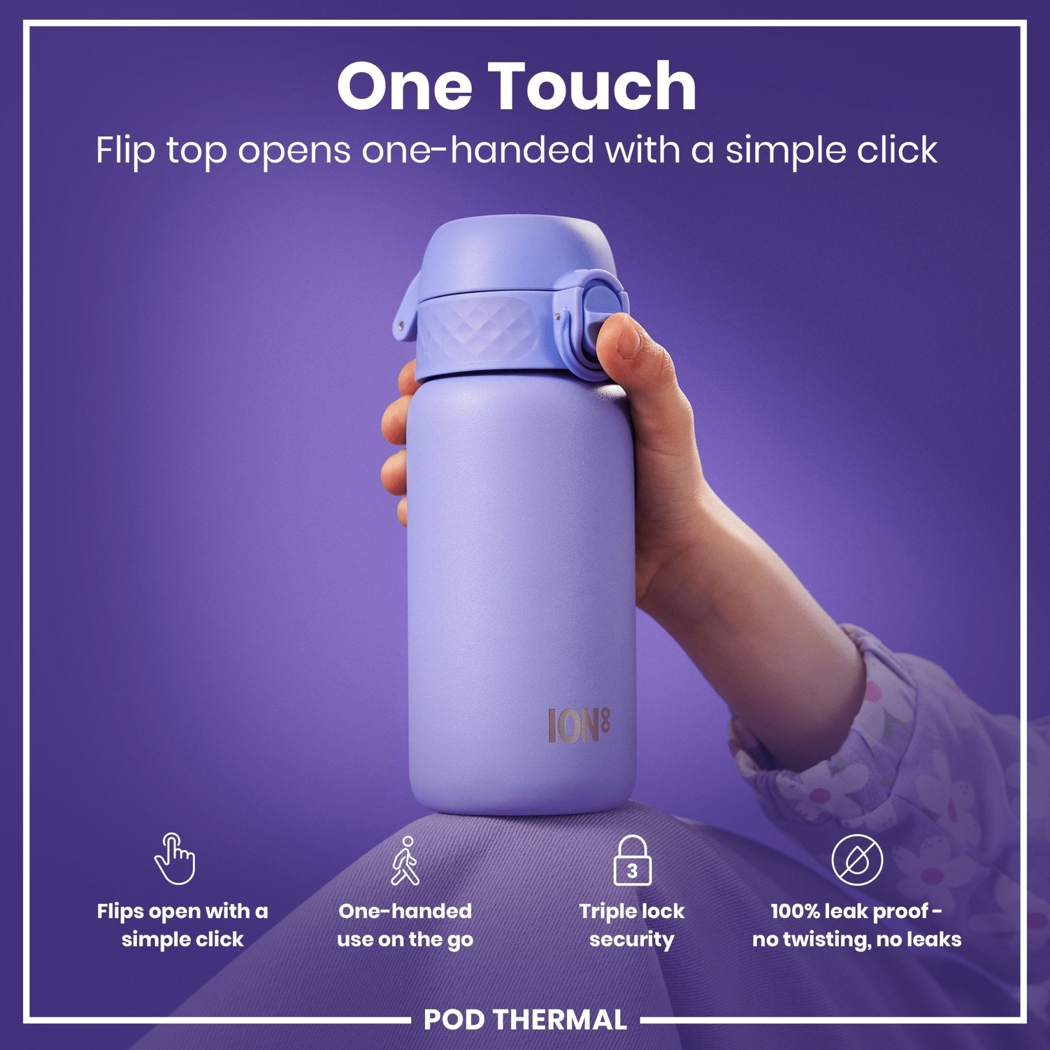 Light purple ION8 insulated steel water bottle with leak-proof design and 320ml capacity, perfect for keeping drinks hot or cold.