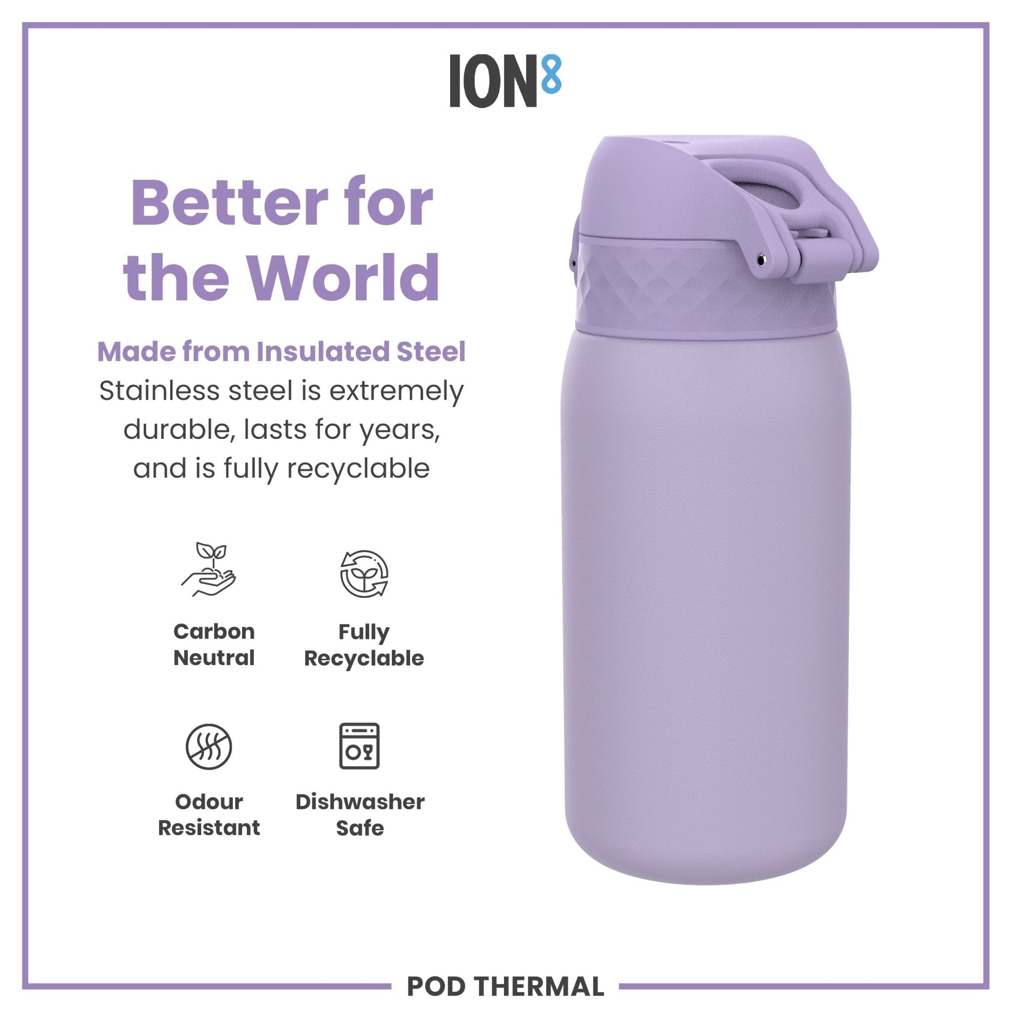 Light purple ION8 insulated steel water bottle with leak-proof design and 320ml capacity, suitable for hot or cold drinks.