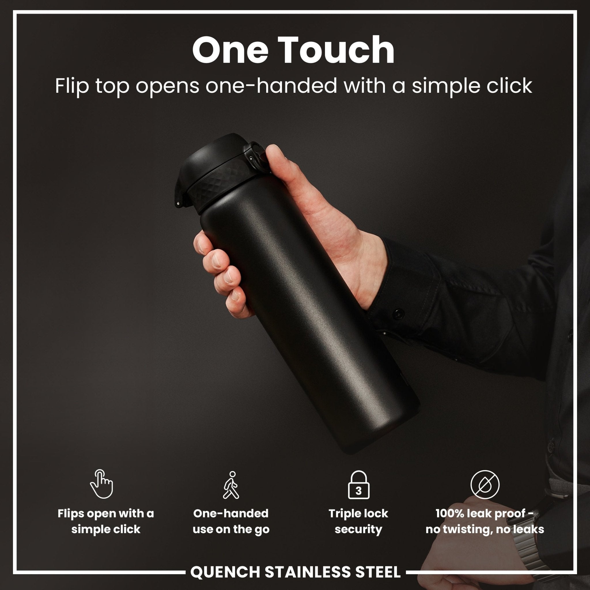 Black 1L stainless steel water bottle by ION8, leak-proof design, durable and ideal for hydration on the go