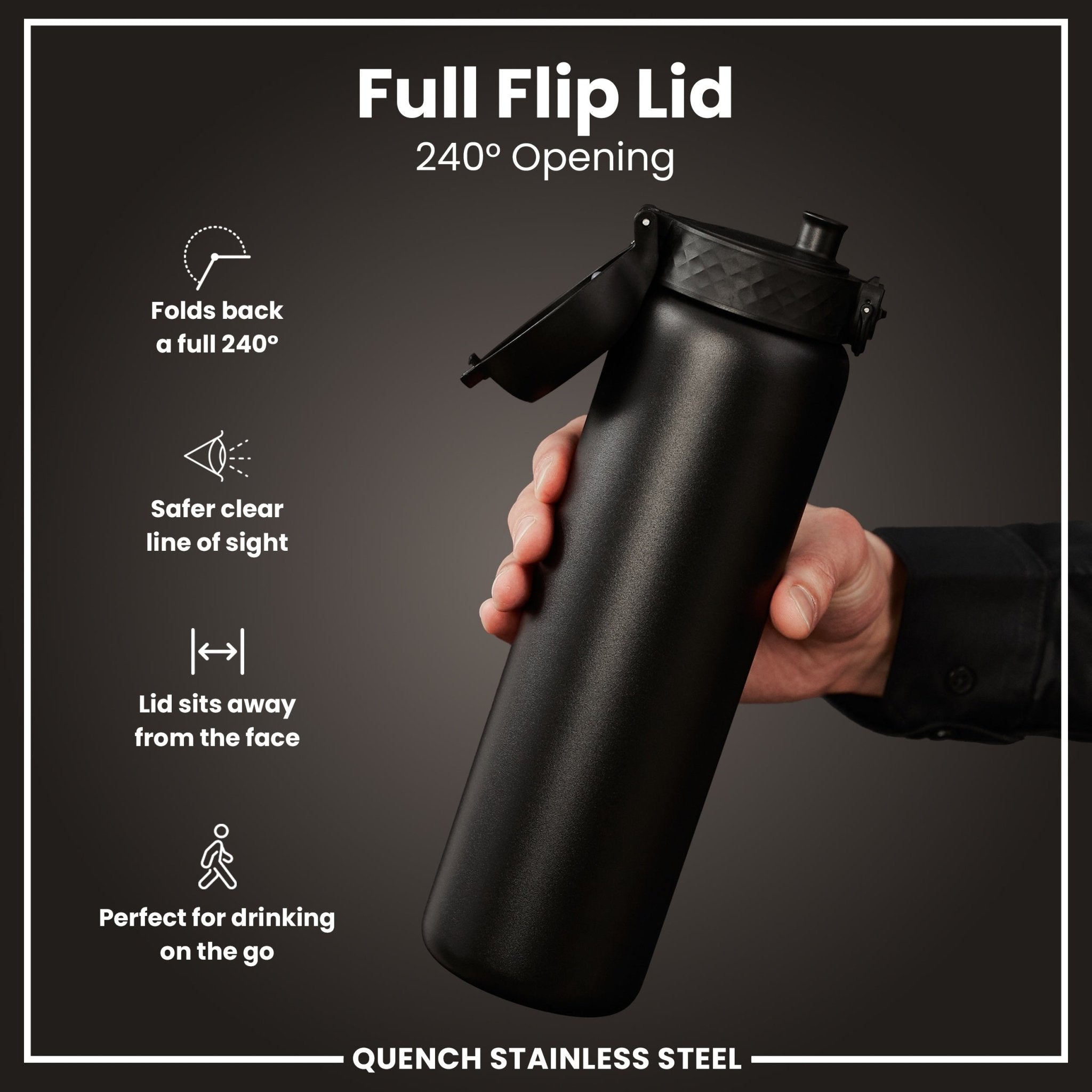 ION8 black stainless steel 1L water bottle, leak-proof design, durable and portable for everyday hydration.