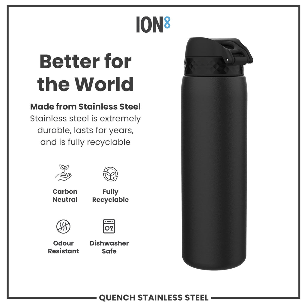 Black stainless steel 1-liter leak-proof water bottle by ION8, durable and designed for secure hydration.