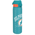 Leak-proof NFL Miami Dolphins stainless steel water bottle, 600ml (20oz), ION8 steel water bottle with Dolphins logo and secure lid.