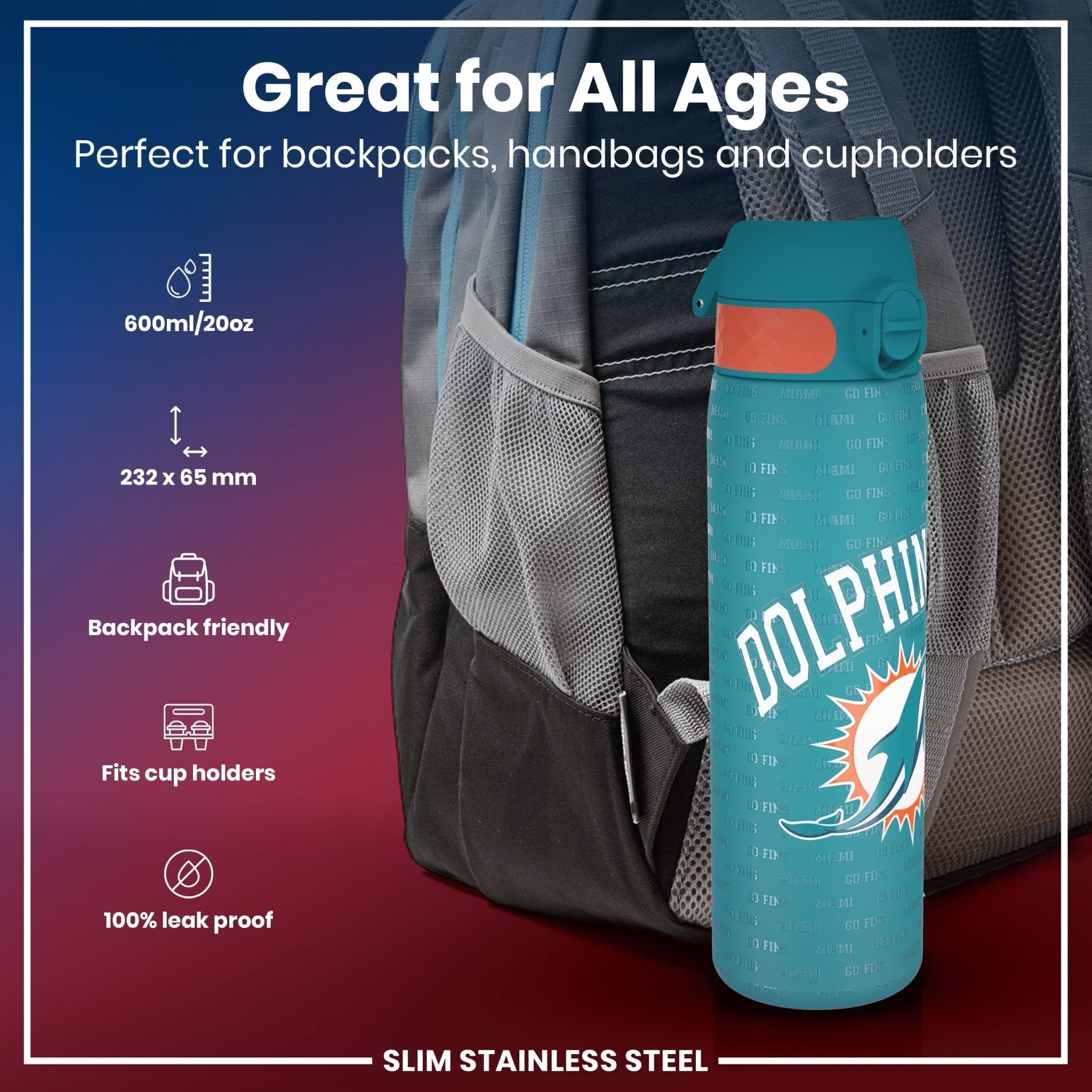 Leak-proof NFL stainless steel water bottle featuring Miami Dolphins logo, 600ml capacity, durable ION8 steel water bottle.