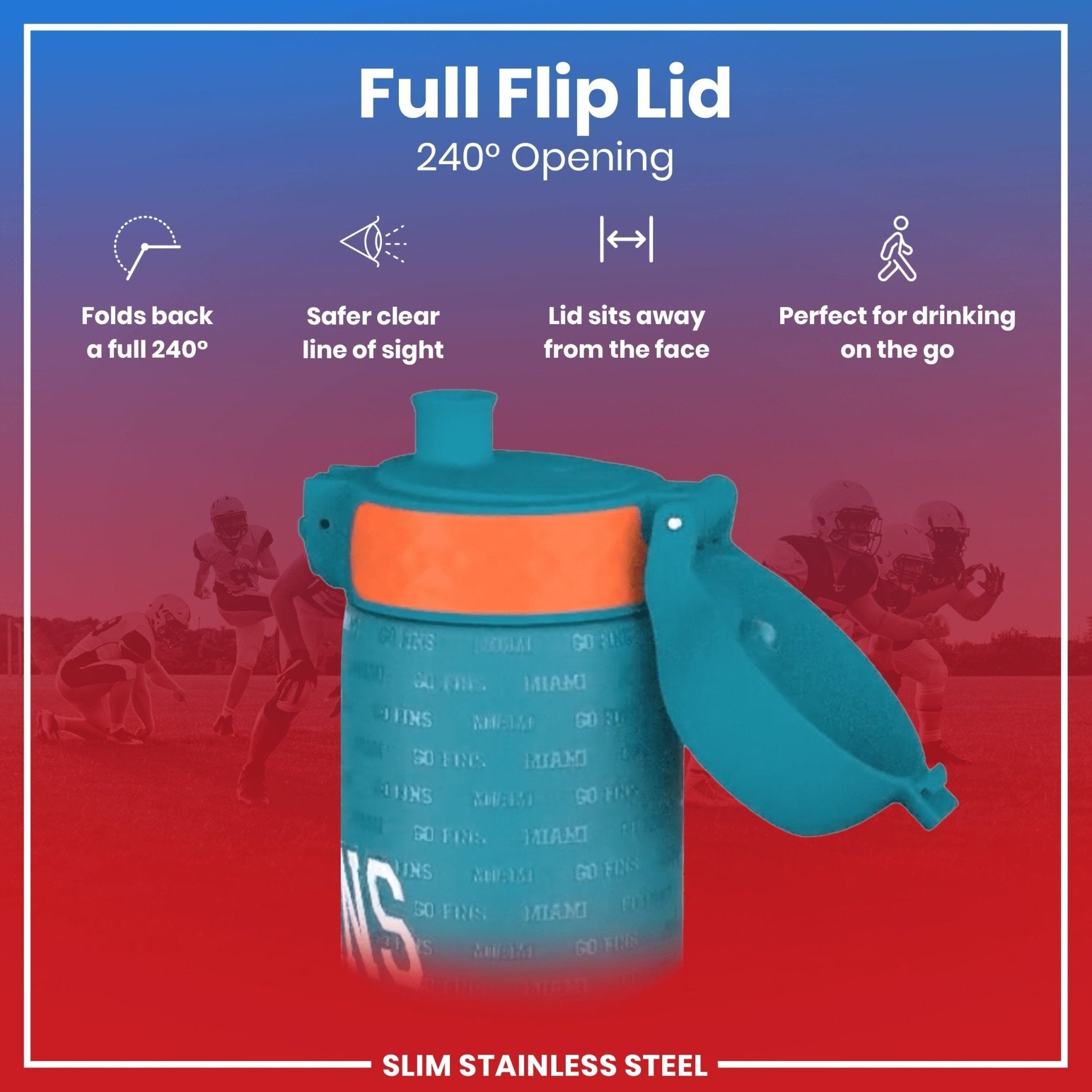 Ion8 leak-proof stainless steel Miami Dolphins water bottle, 600ml (20oz), durable sports water bottle with secure lid.