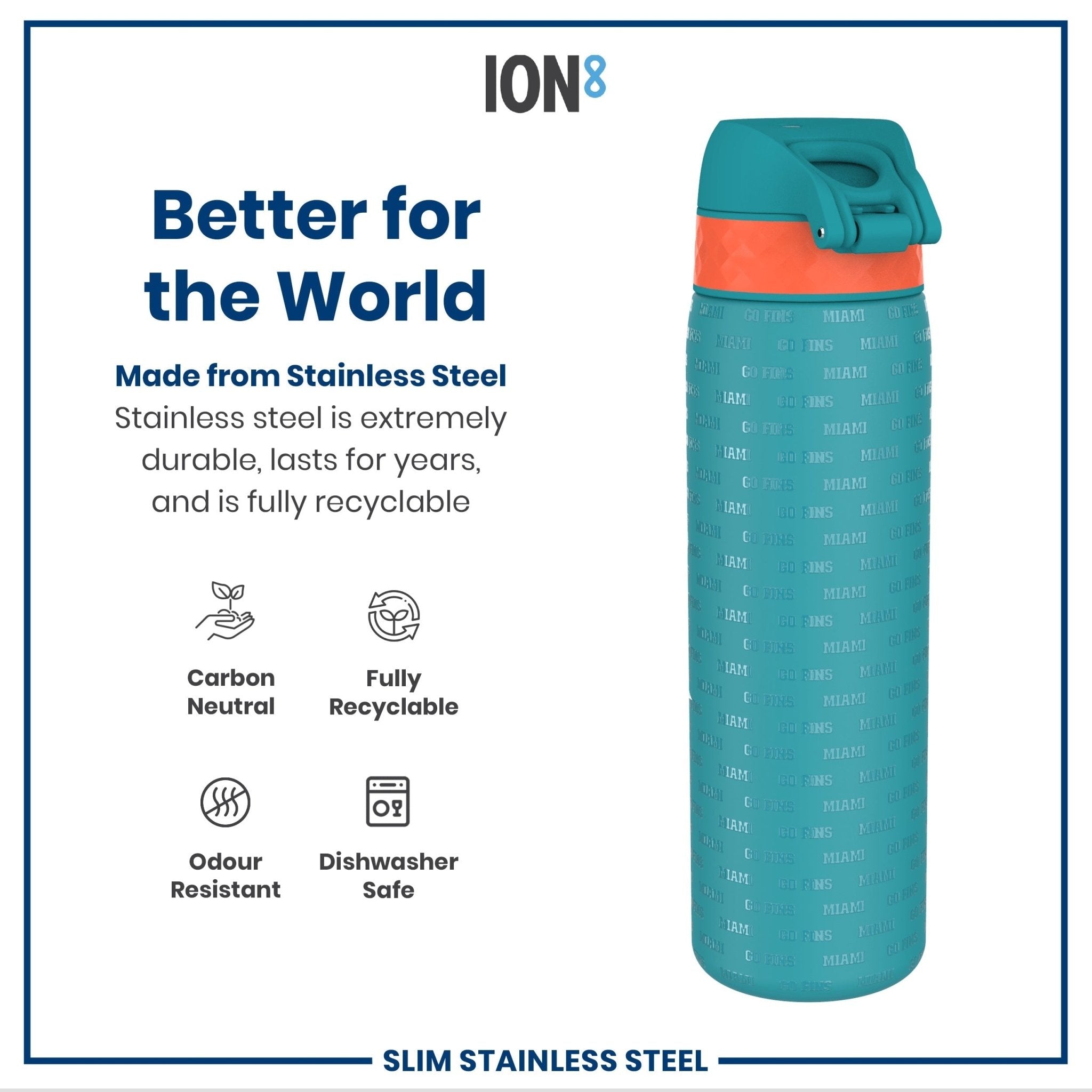 Ion8 leak-proof NFL water bottle with Miami Dolphins logo, stainless steel 20oz (600ml) steel water bottle for sports and hydration.
