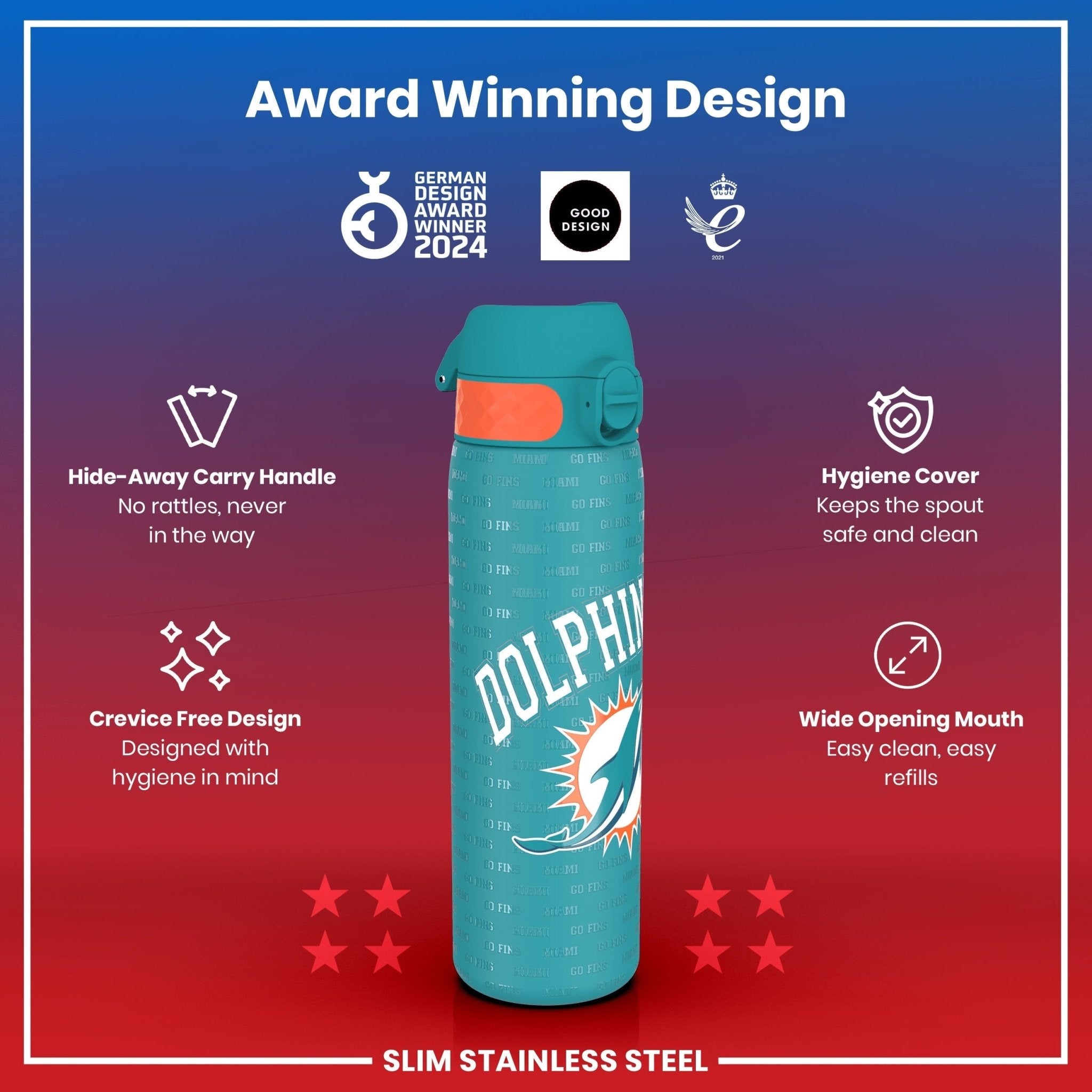 Ion8 leak-proof NFL Miami Dolphins stainless steel water bottle, 600ml (20oz), durable sports water bottle with vibrant team logo