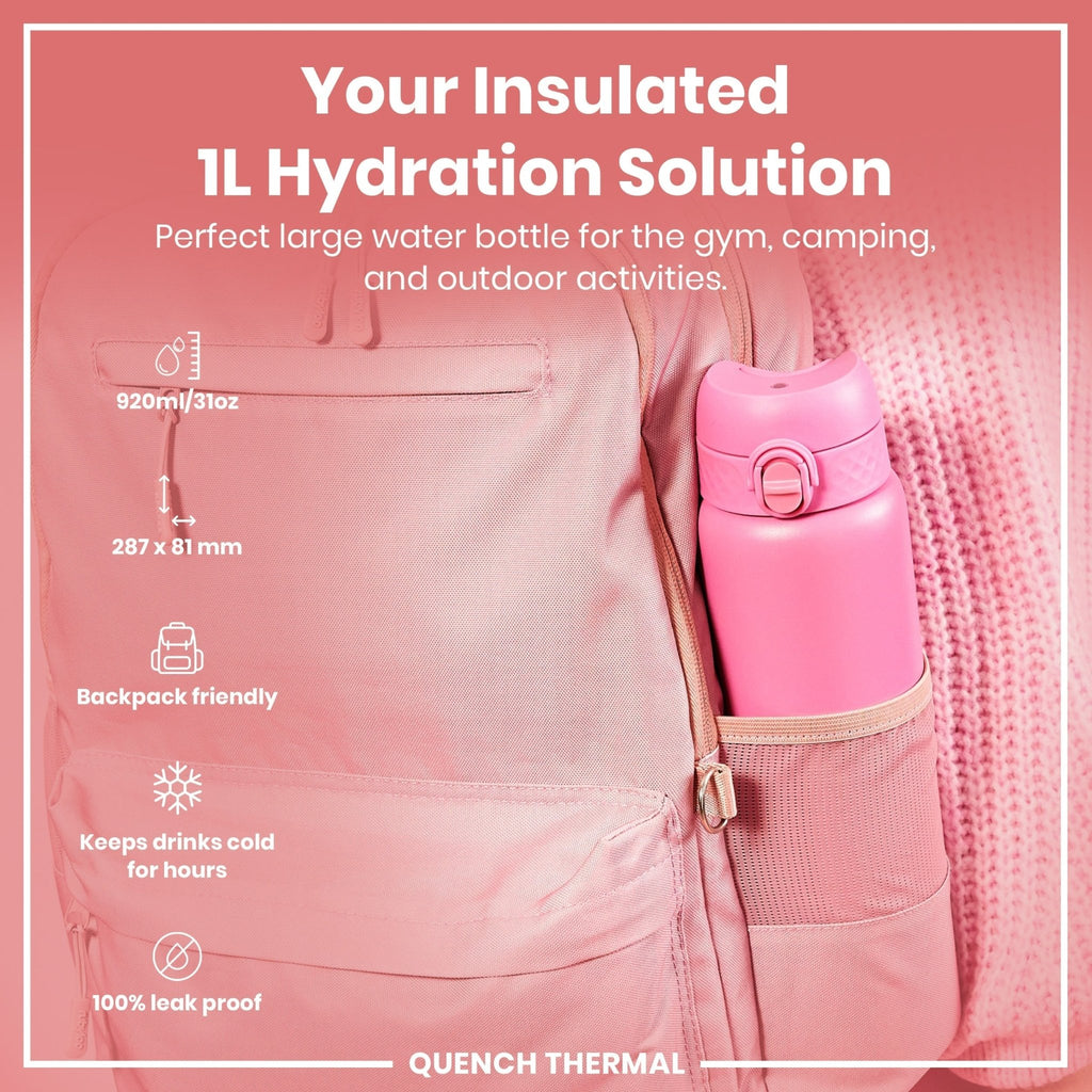 ION8 1L leak-proof thermal water bottle with rose bloom design, insulated for hot or cold beverages, durable and stylish.