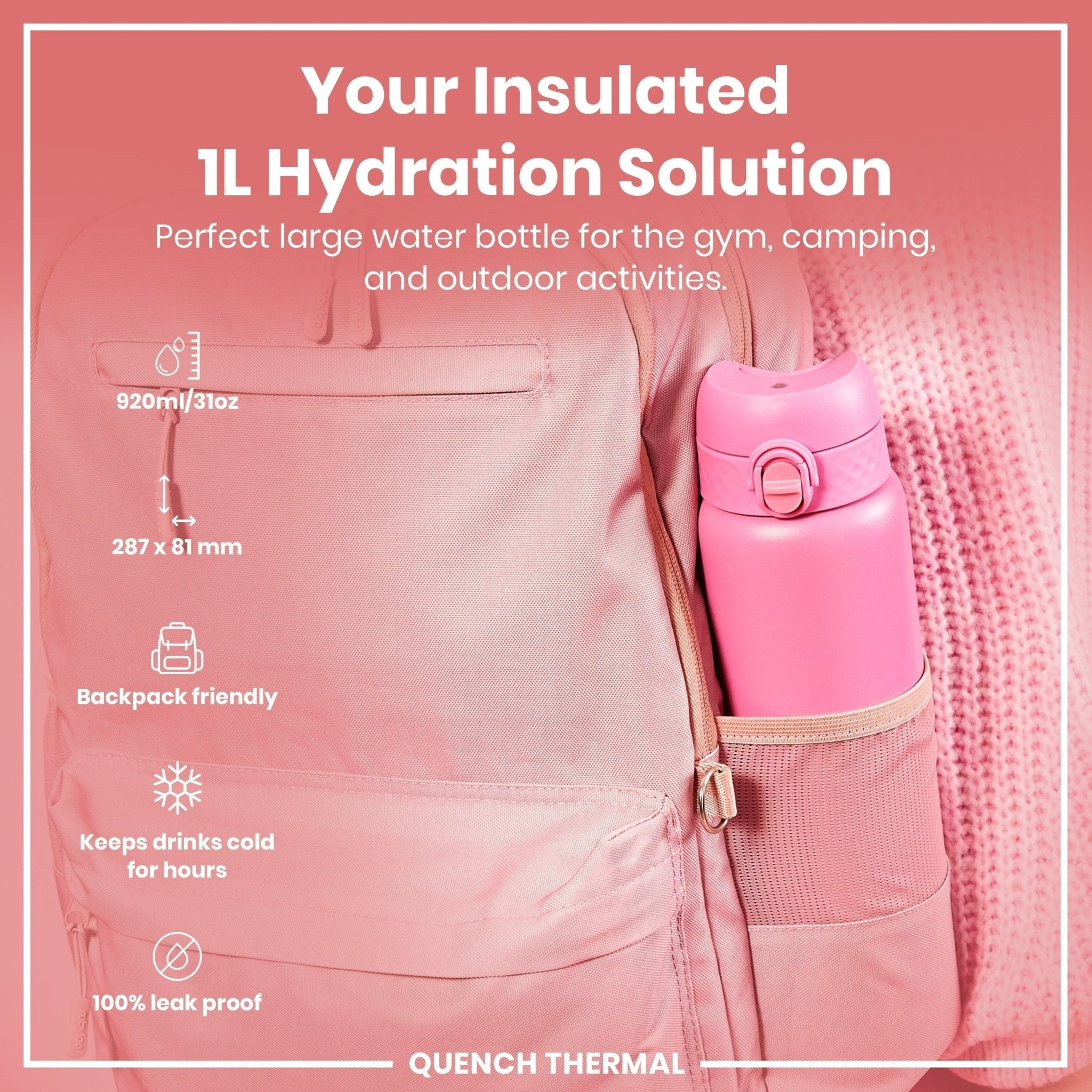 ION8 1L leak-proof thermal water bottle with rose bloom design, insulated for hot or cold beverages, durable and stylish.