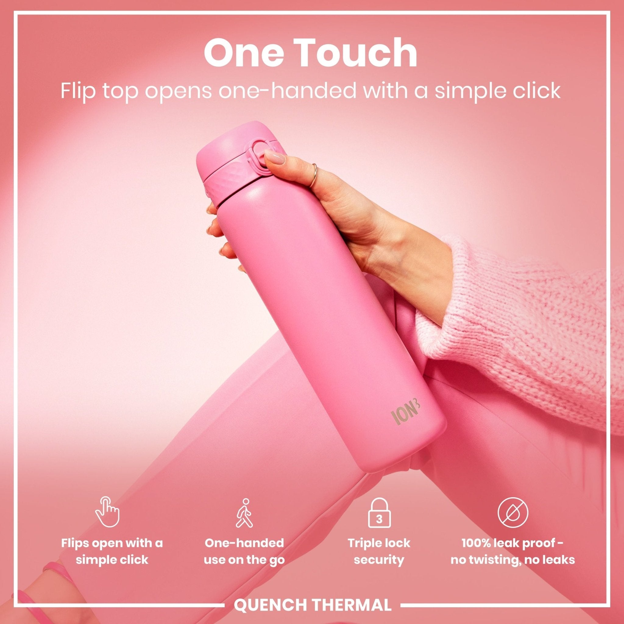 ION8 1L leak-proof insulated water bottle with rose bloom design, keeps beverages hot or cold, perfect for outdoor use