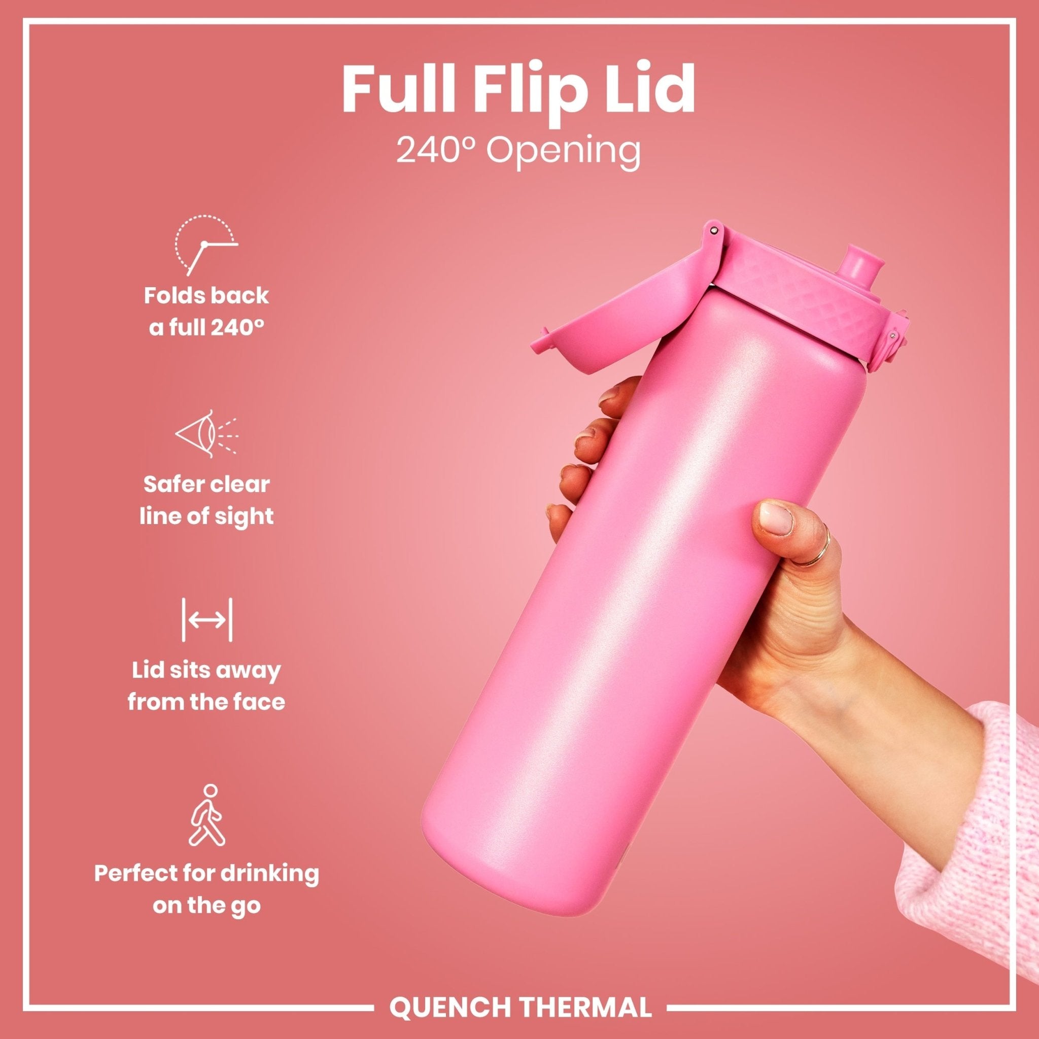 ION8 leak-proof 1L thermal water bottle with rose bloom design, insulated for hot or cold drinks.