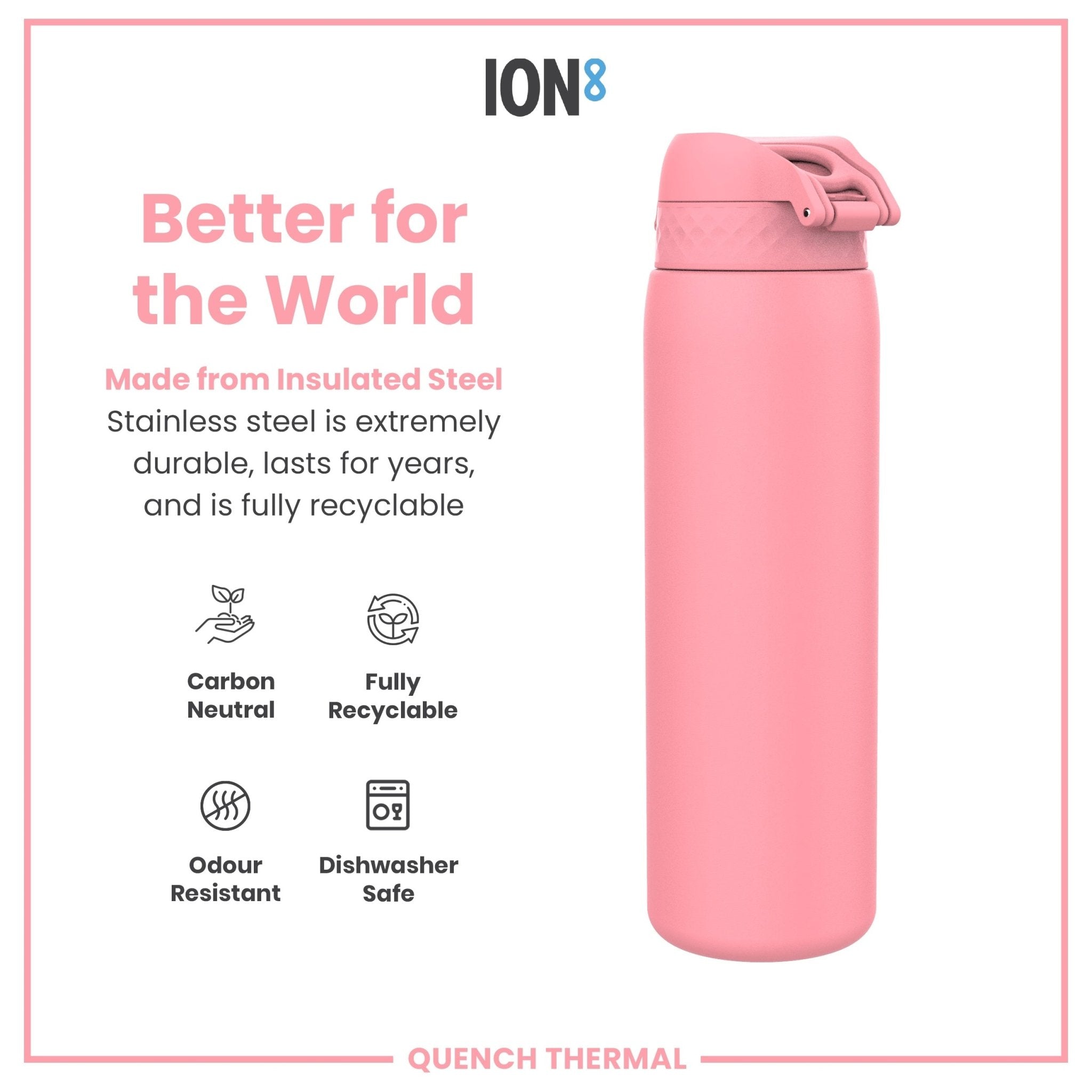 ION8 leak-proof 1L thermal water bottle with rose bloom design, insulated for hot and cold beverages.