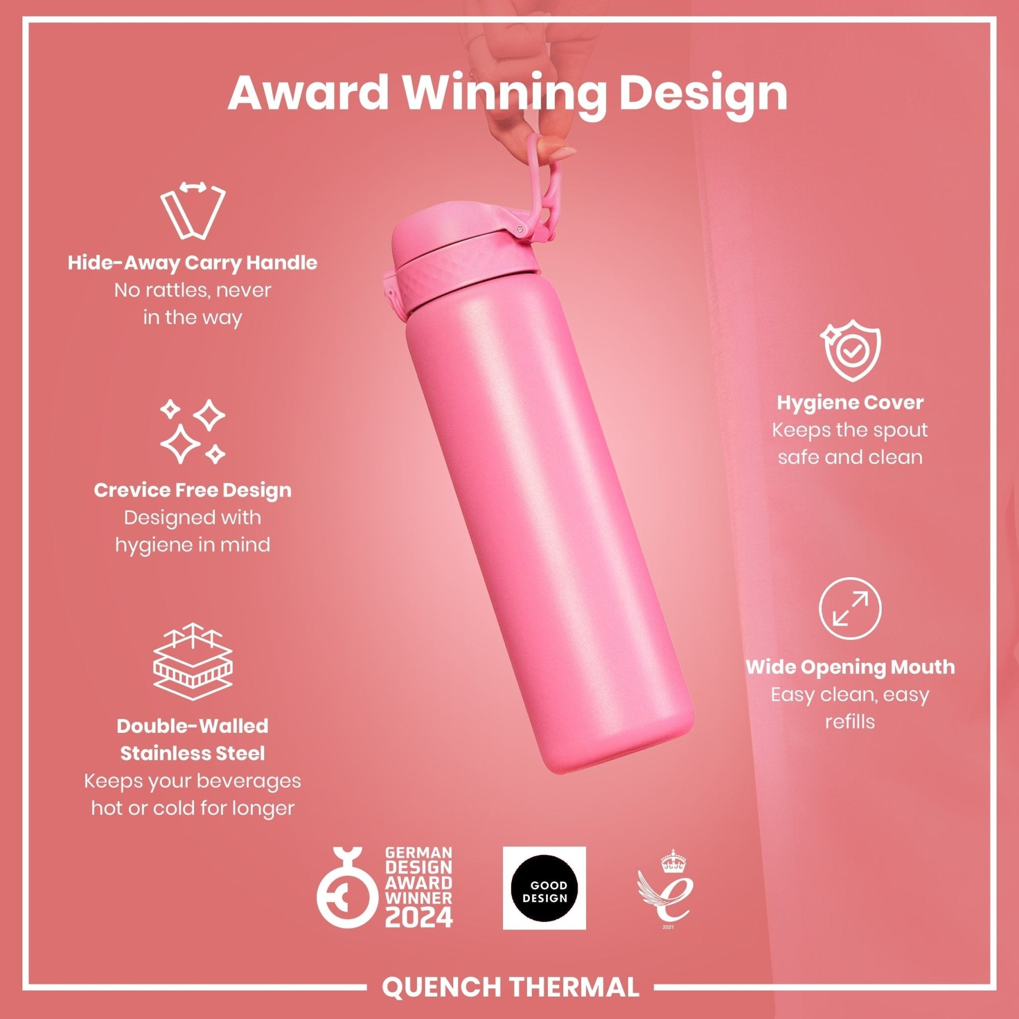 ION8 1L leak-proof thermal water bottle with rose bloom design, insulated for hot or cold drinks, durable and portable.