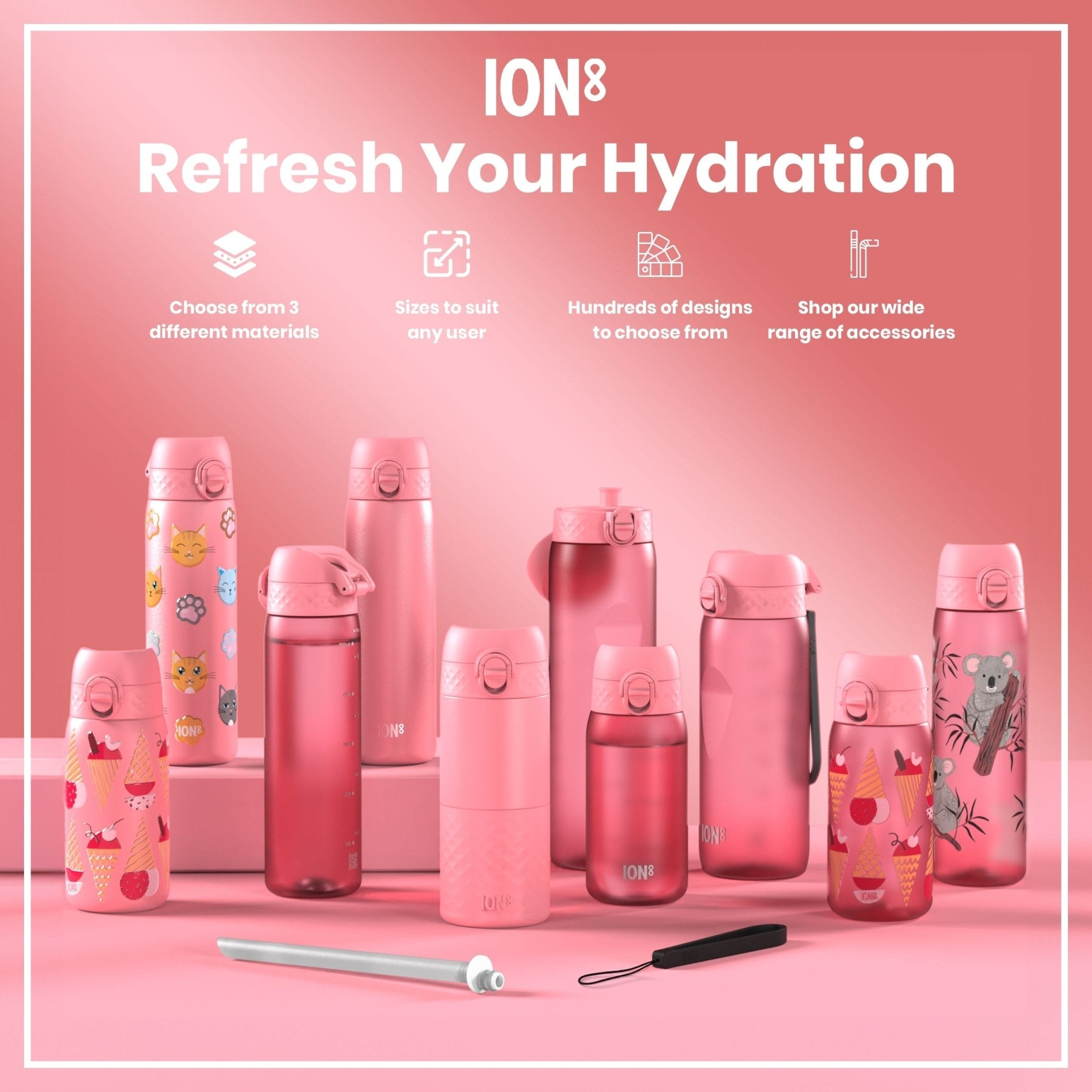 ION8 1L leak-proof thermal water bottle with rose bloom design, insulated for hot or cold beverages, durable and stylish.