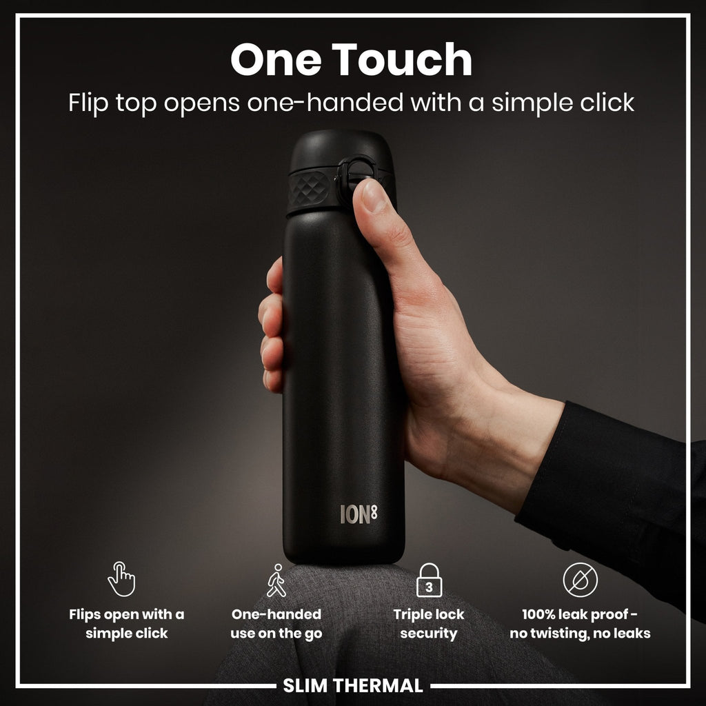 ION8 black 500ml insulated steel water bottle with leak-proof slim design and thermal insulation, ready for hydration on the go.