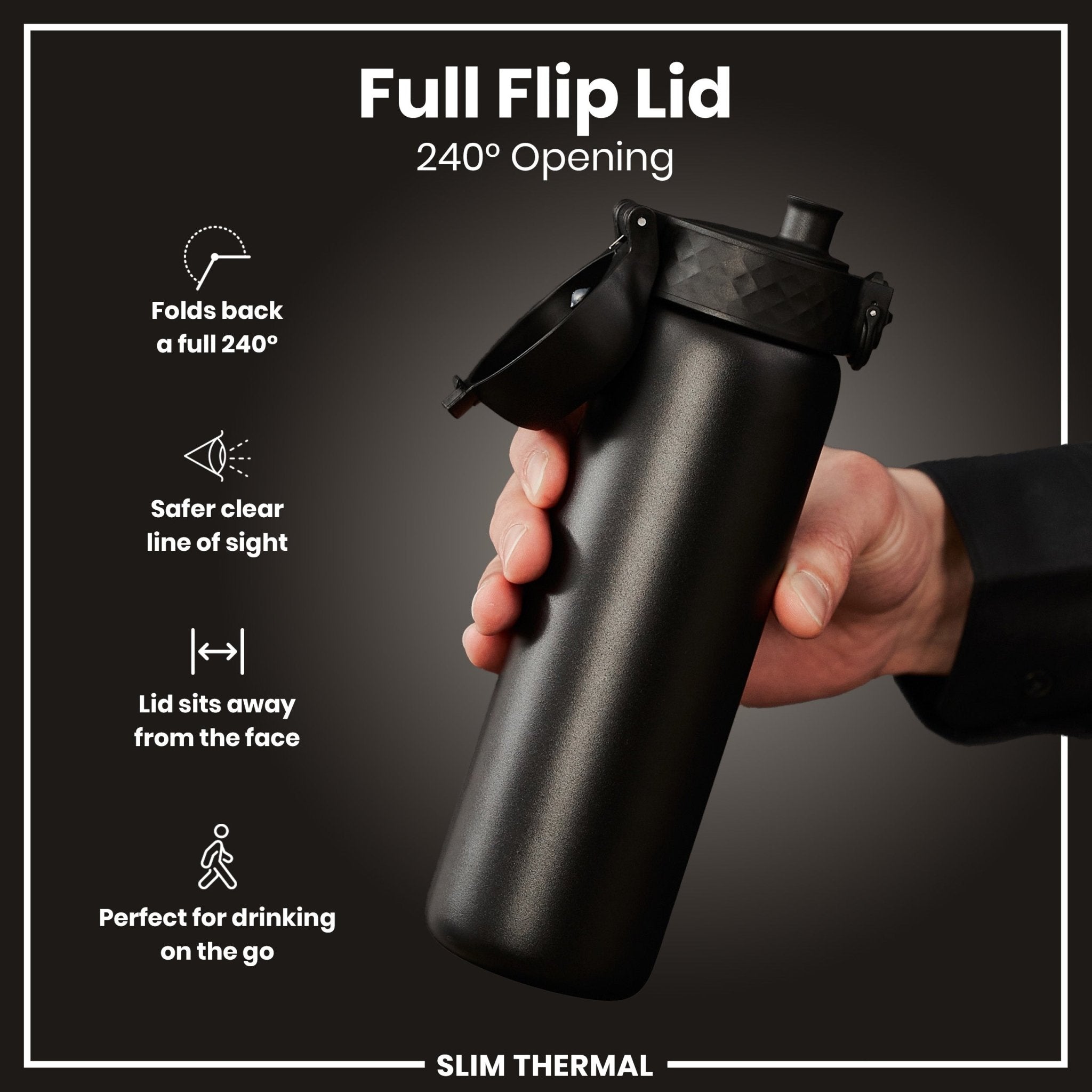 Black ION8 leak-proof slim thermal steel water bottle with 500ml capacity, insulated for hot and cold drinks.