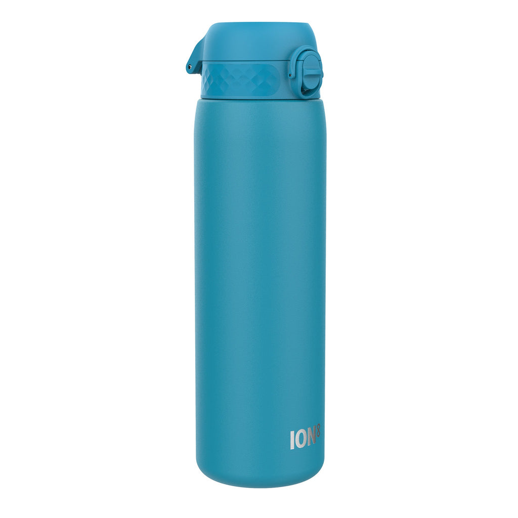 Blue ION8 1L insulated leak-proof thermal water bottle with secure lid and durable design for hot and cold drinks.