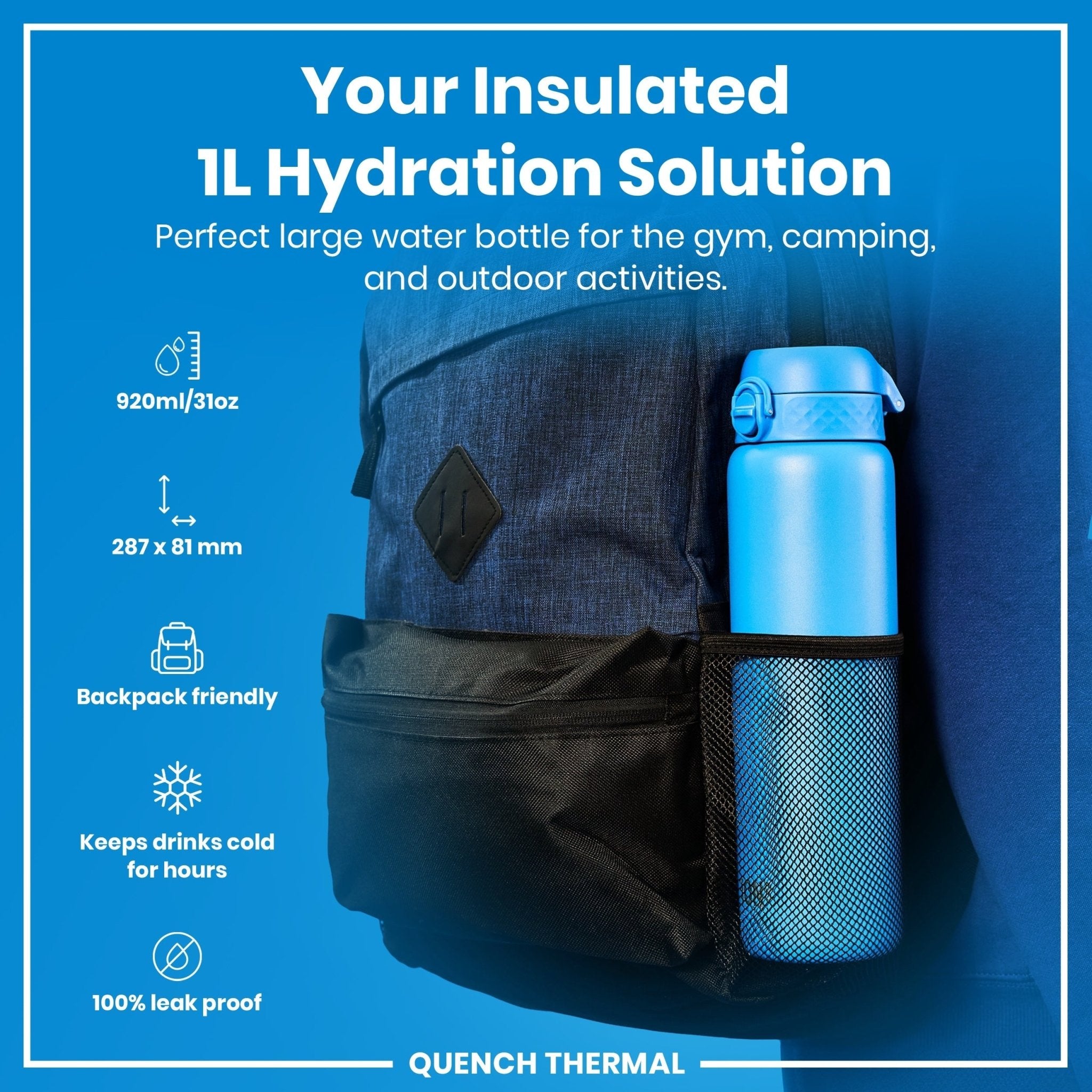 Blue ION8 leak-proof 1-liter insulated water bottle with thermal insulation, designed for keeping drinks cold or hot.