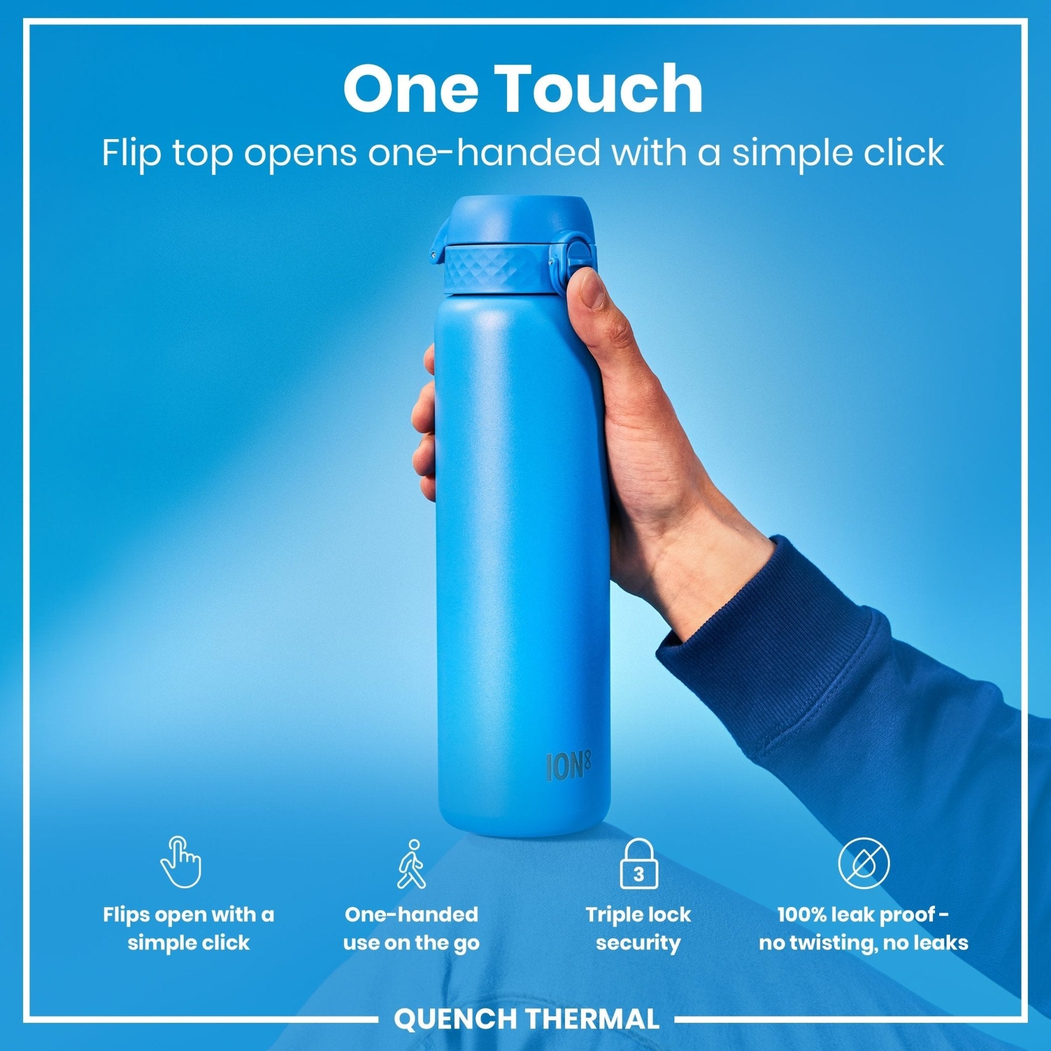 Blue ION8 leak-proof 1-liter insulated water bottle with a secure lid, designed to keep drinks hot or cold.