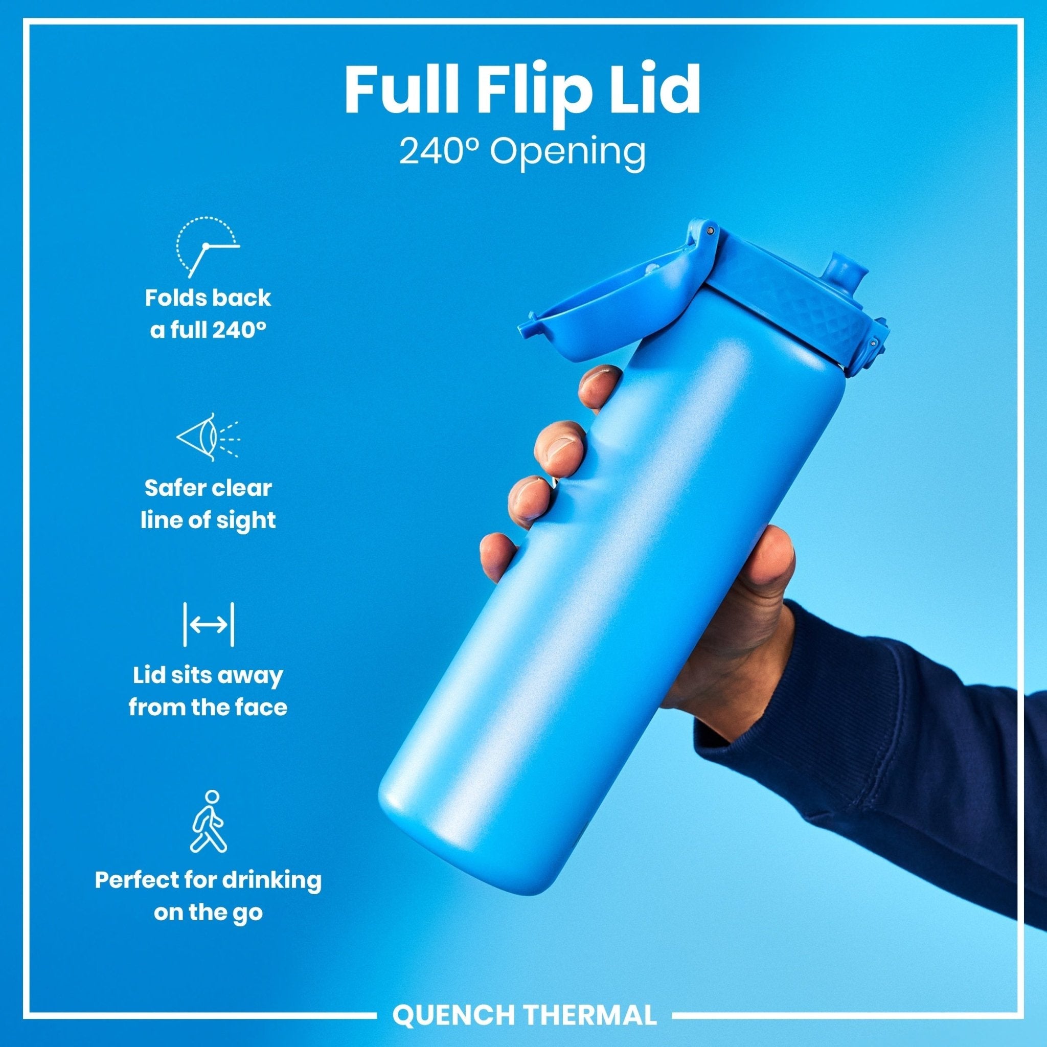 Blue ION8 1L insulated water bottle with leak-proof design and thermal insulation for hot or cold beverages.