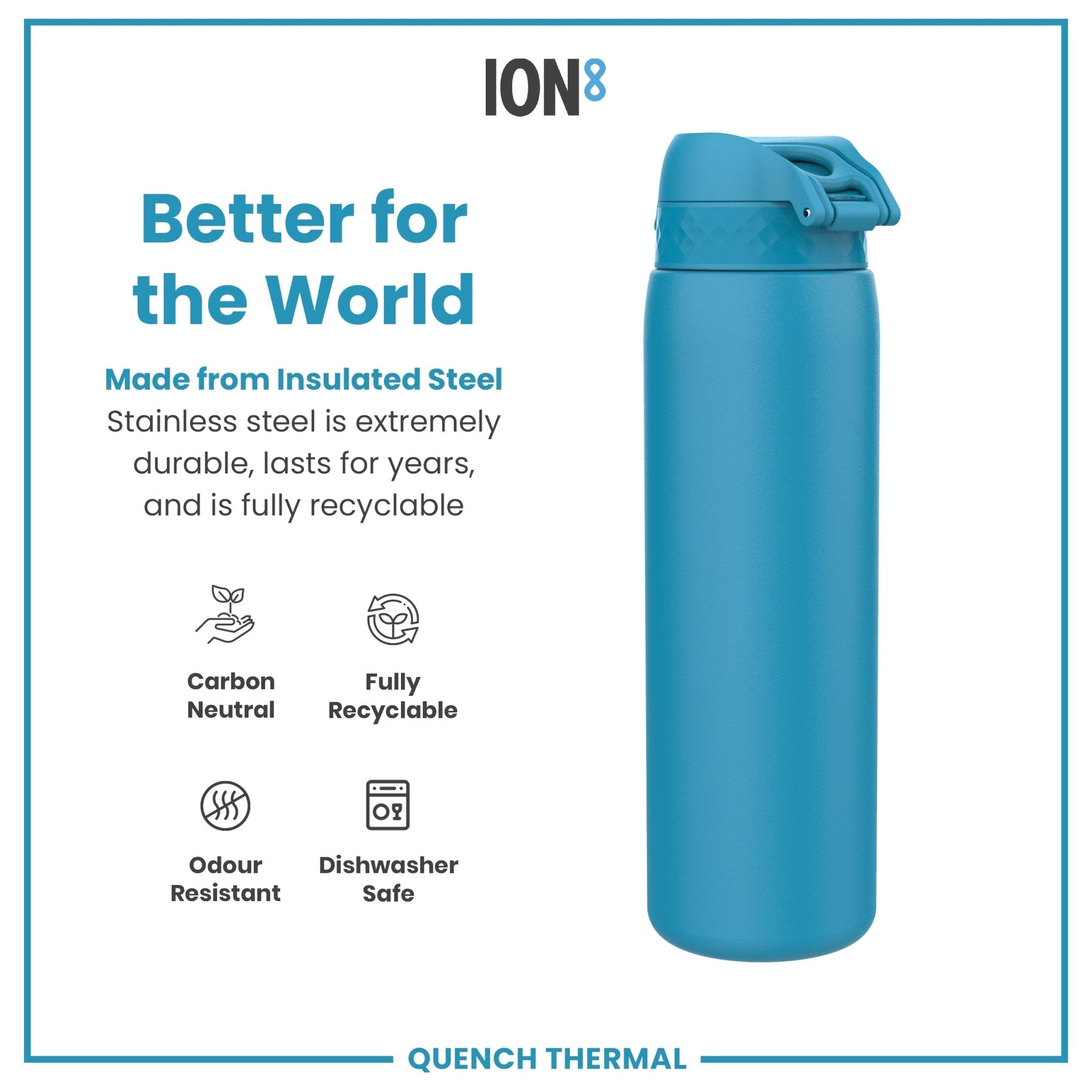 Blue ION8 leak-proof 1L insulated thermal water bottle with a secure lid, designed for keeping drinks hot or cold.