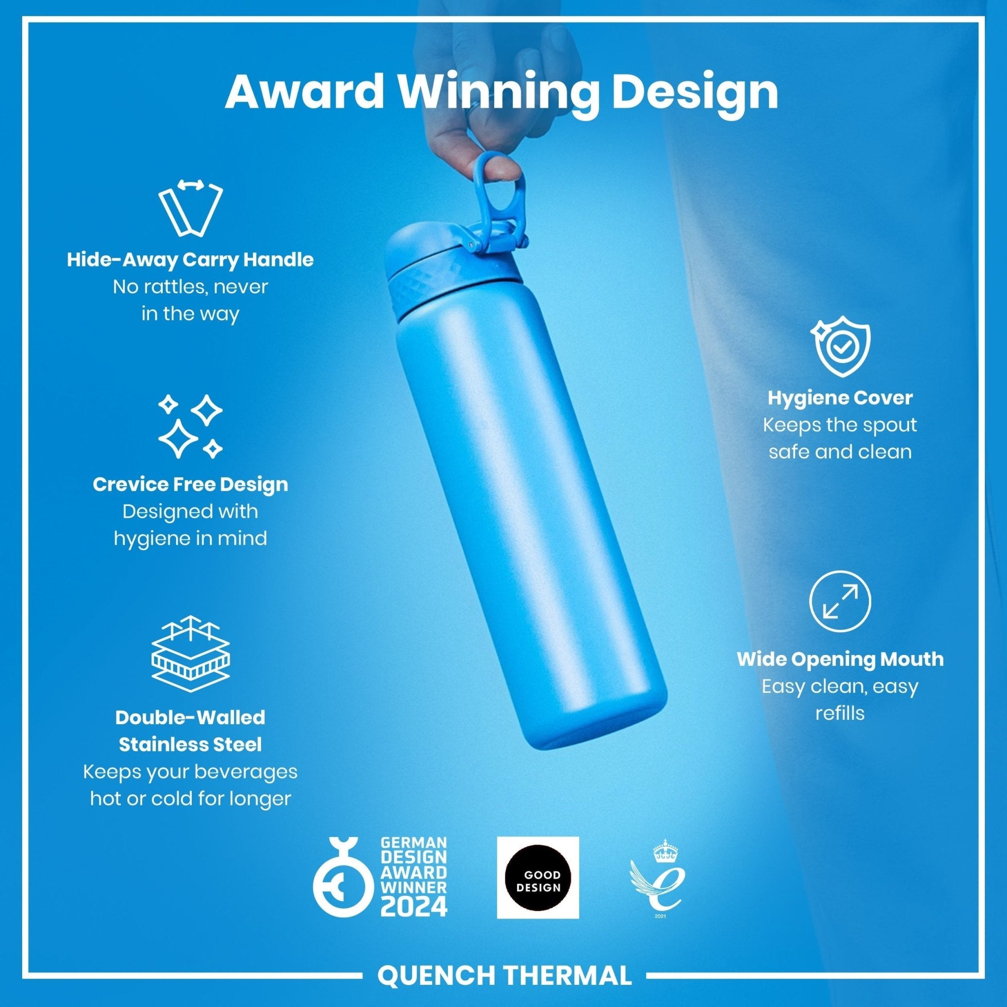 Blue ION8 1L insulated water bottle with leak-proof design and thermal insulation, ideal for keeping drinks hot or cold.