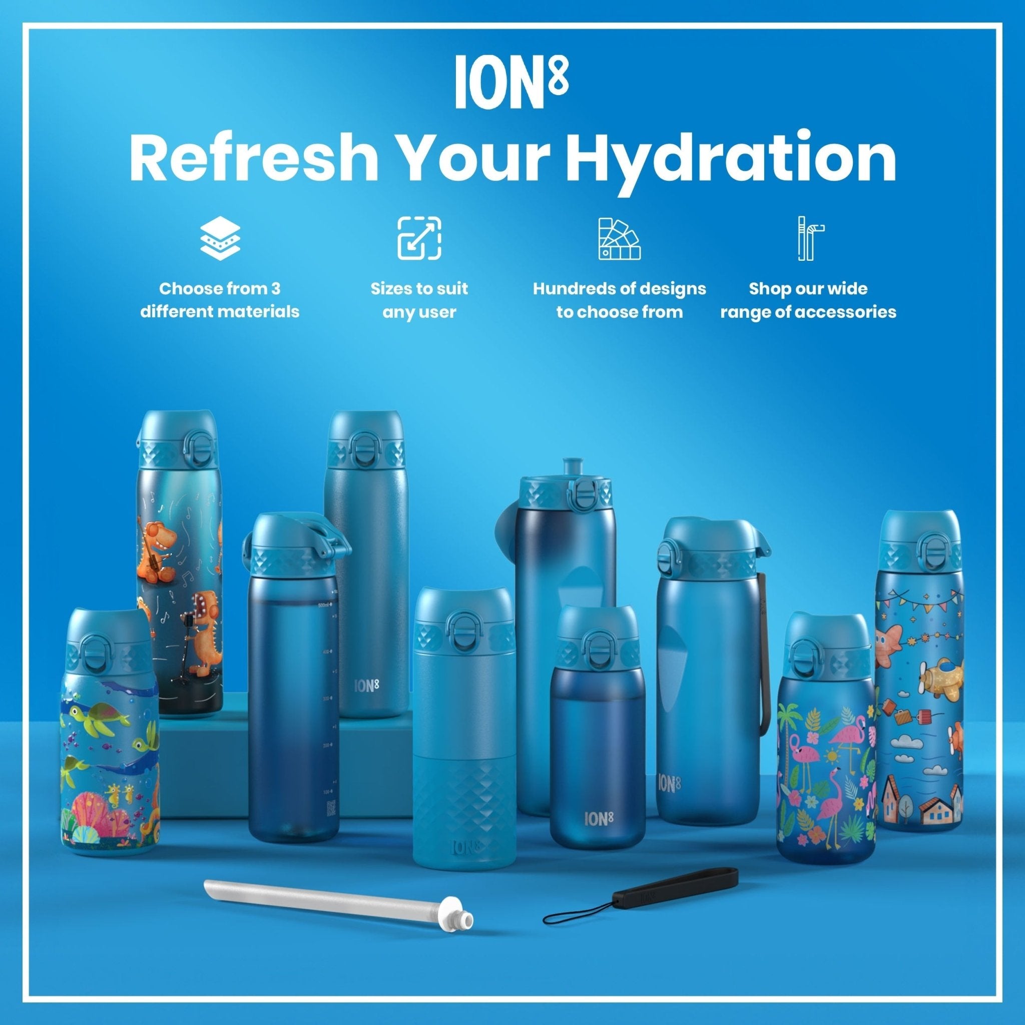 Blue ION8 1L insulated leak-proof thermal water bottle with secure lid, designed to keep drinks hot or cold.