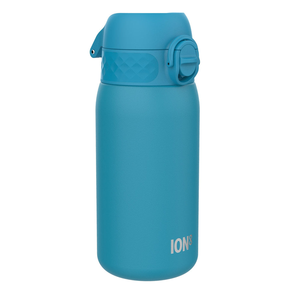 Blue ION8 insulated steel water bottle with leak-proof design and thermal insulation, 320ml capacity, for hot or cold beverages.