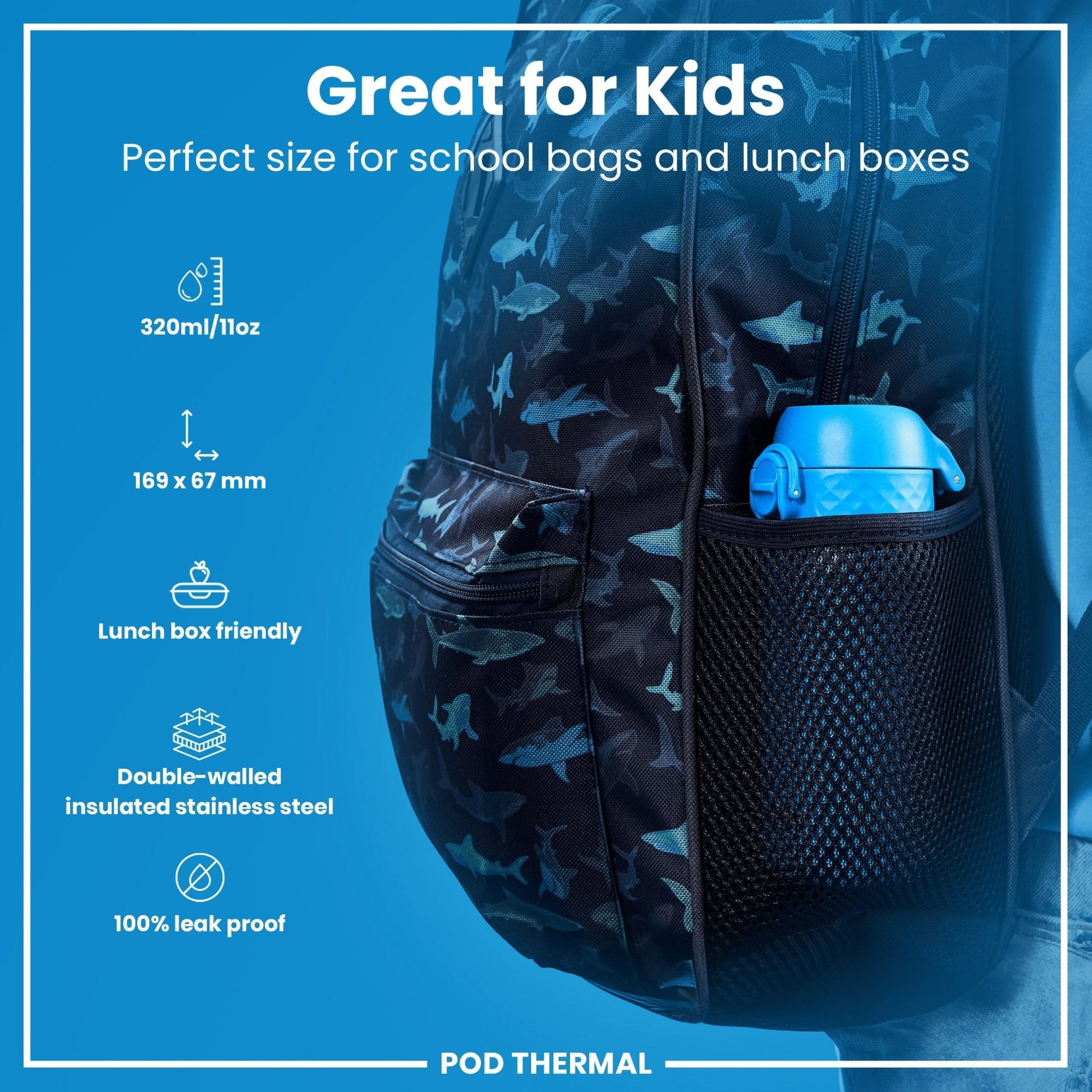 Blue ION8 insulated steel water bottle with leak-proof design, 320ml capacity, featuring a sleek, thermal insulated body.