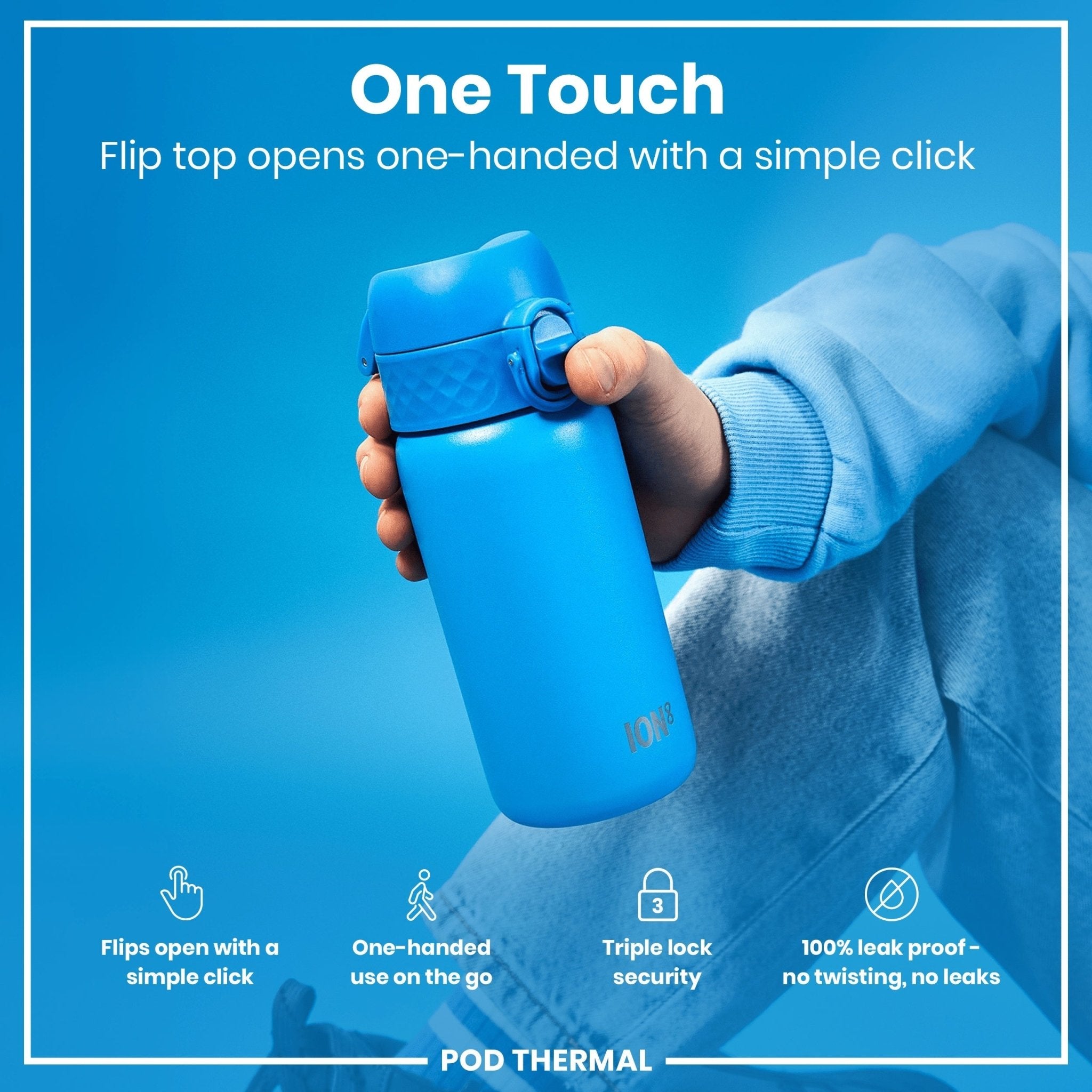 Blue ION8 insulated steel water bottle with leak-proof design, 320ml capacity, perfect for keeping drinks hot or cold.