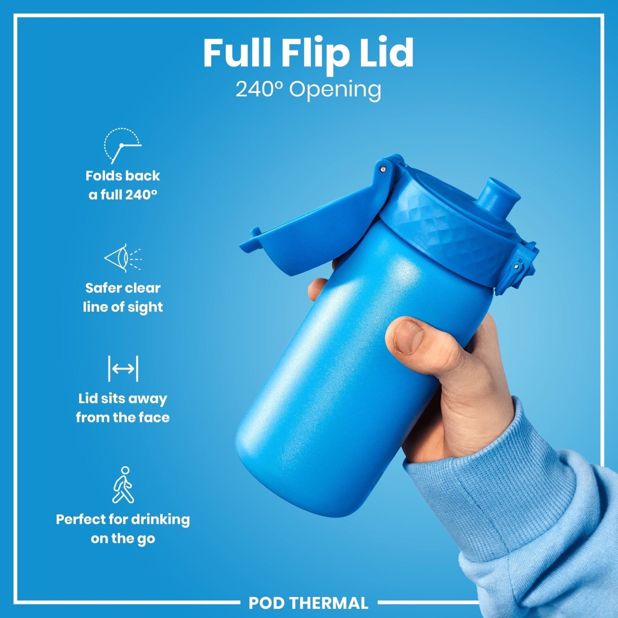 Blue ION8 insulated steel water bottle, leak-proof thermal design, 320ml capacity, for hot and cold beverages.