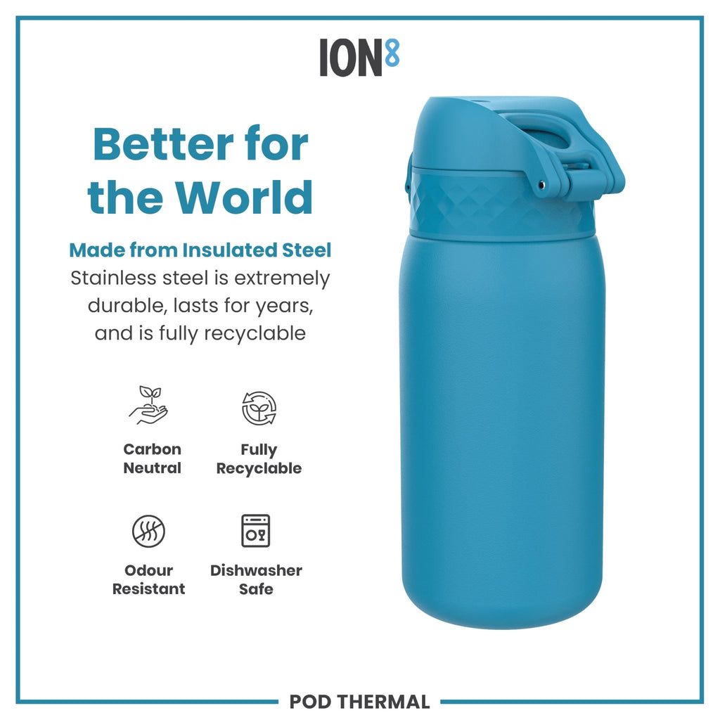 Blue ION8 insulated steel water bottle, leak-proof thermal design, 320ml capacity, ideal for hot and cold beverages.